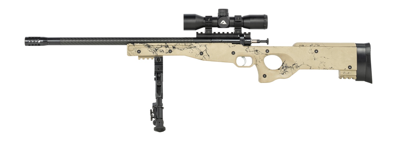 Crickett KSA2143 22 LR rifle left side view with tan thumbhole stock and bipod