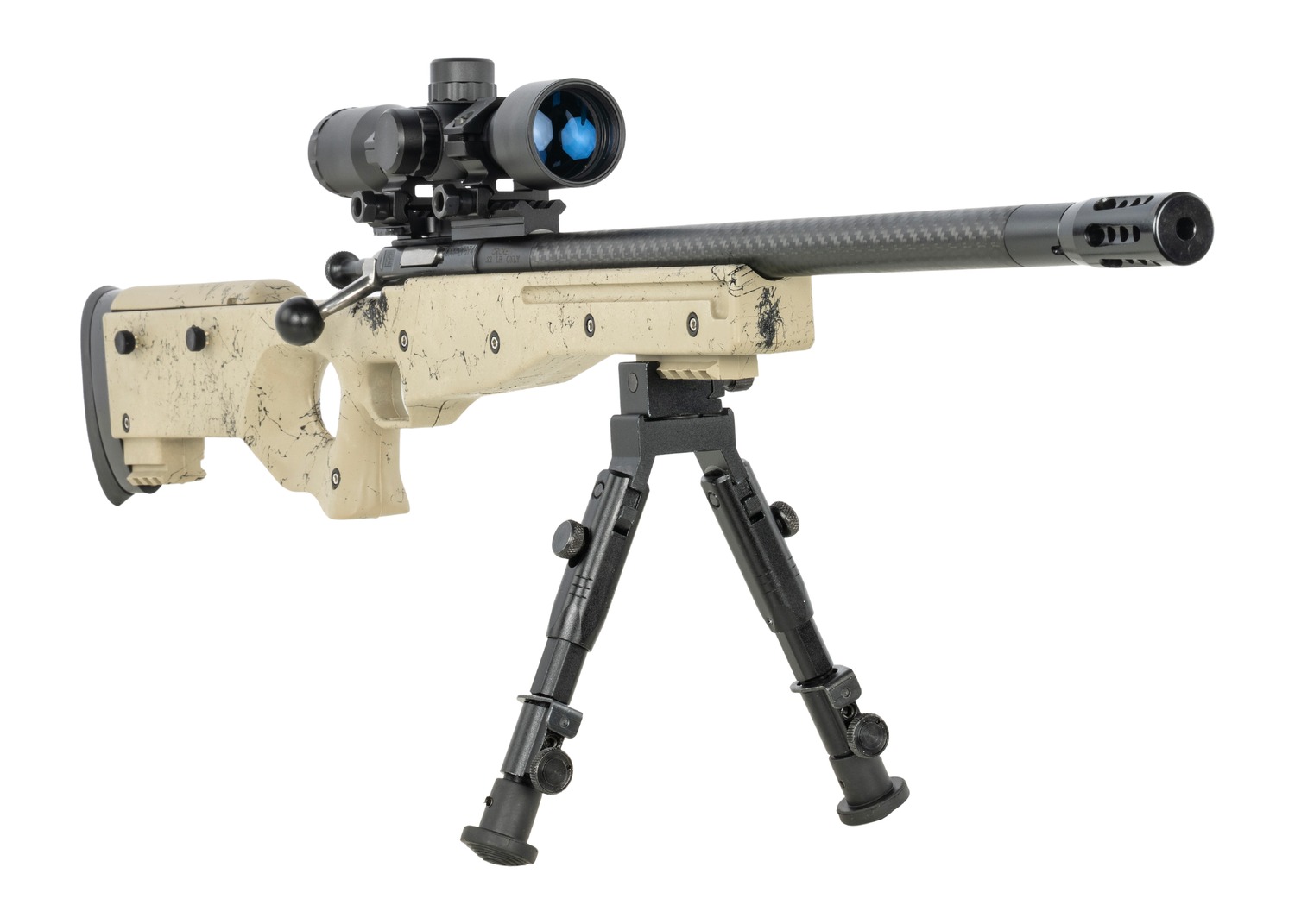 Crickett KSA2143 rifle angled view showing tan stock, scope and bipod