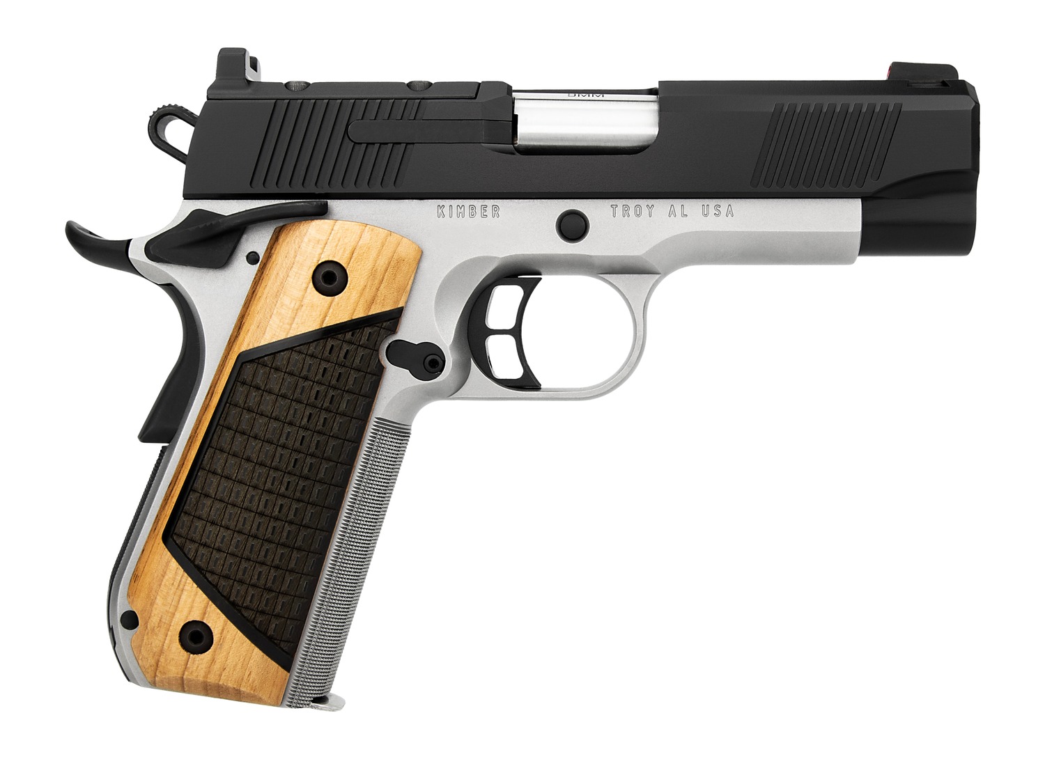 Kimber 1911 pistol right side with black slide, stainless frame and walnut G10 grips