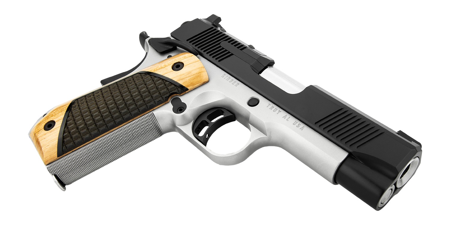 Kimber Next Gen Pro TT pistol angled view showing stainless frame and black slide