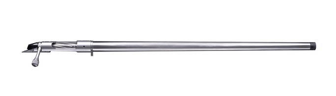 Stainless Bergara heavy barrel rifle action with bolt handle and threaded muzzle on a white background