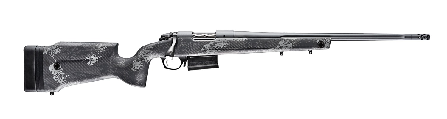 Bergara B-14 Crest bolt-action rifle with gray fluted barrel and black and gray carbon fiber stock