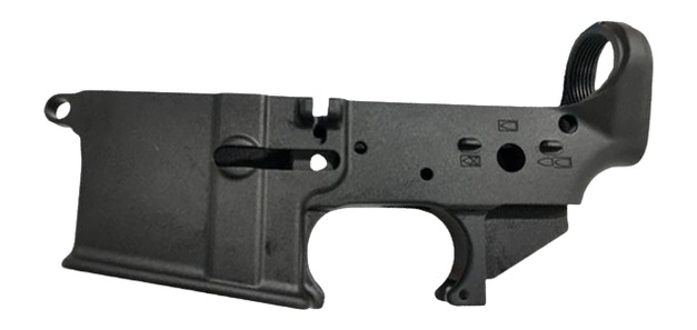 Unmarked black stripped AR-15 lower receiver, side view