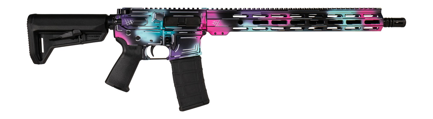 Shark Coast Anime-15 AR-15 rifle with pink, teal and black Disco Cerakote finish and Magpul stock
