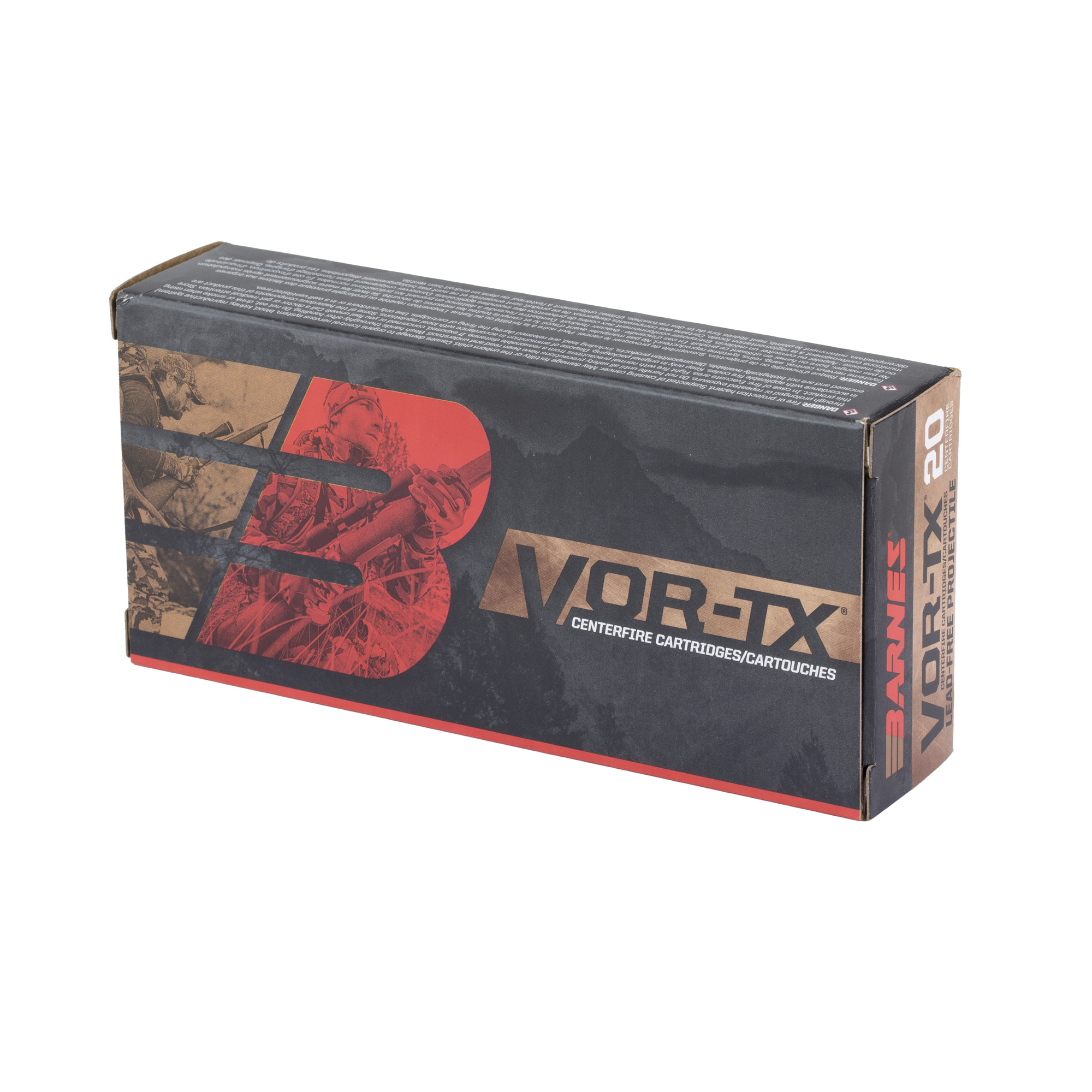 Barnes VOR-TX centerfire cartridge box, angled side view