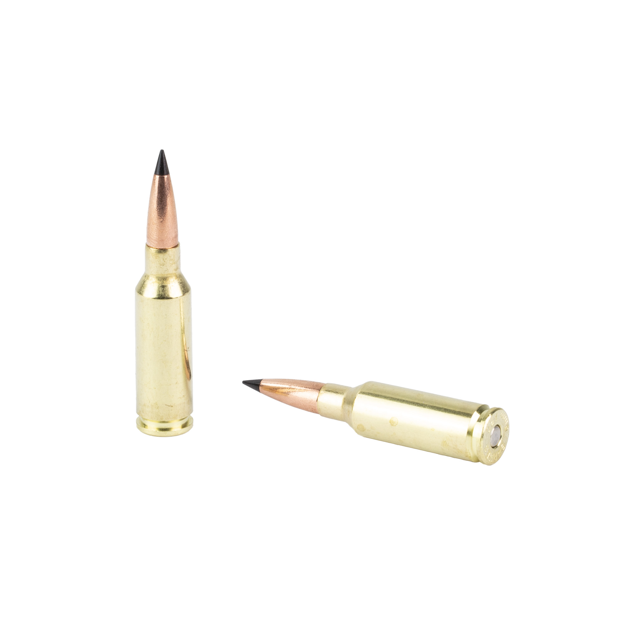 Two 6mm ARC cartridges with copper boat tail bullets on white background