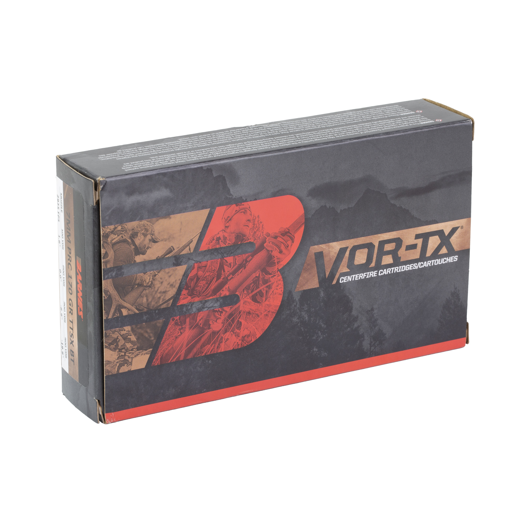 Side view of Barnes VOR-TX 7mm PRC ammunition box