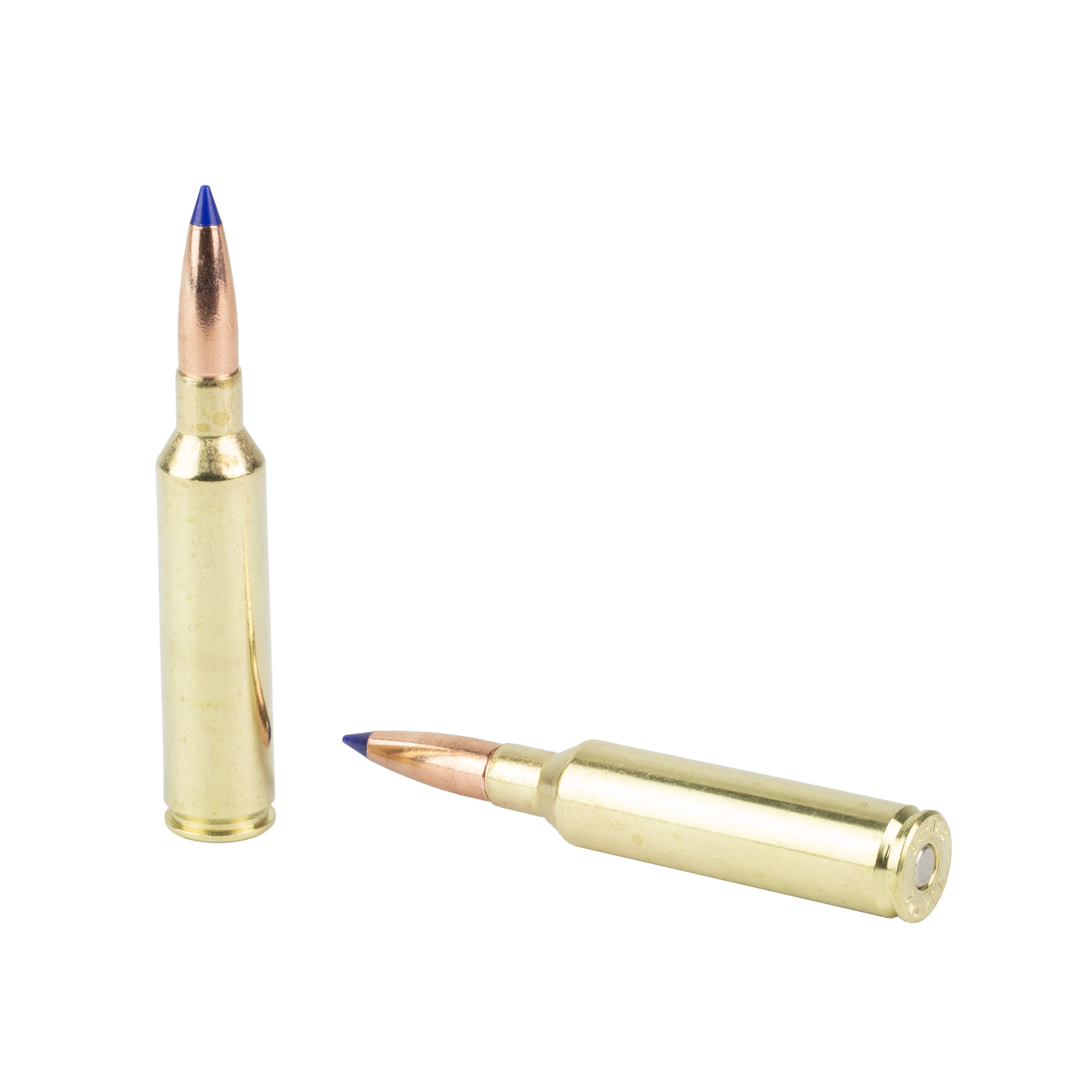 Two Barnes VOR-TX 7mm PRC cartridges with blue-tipped copper bullets