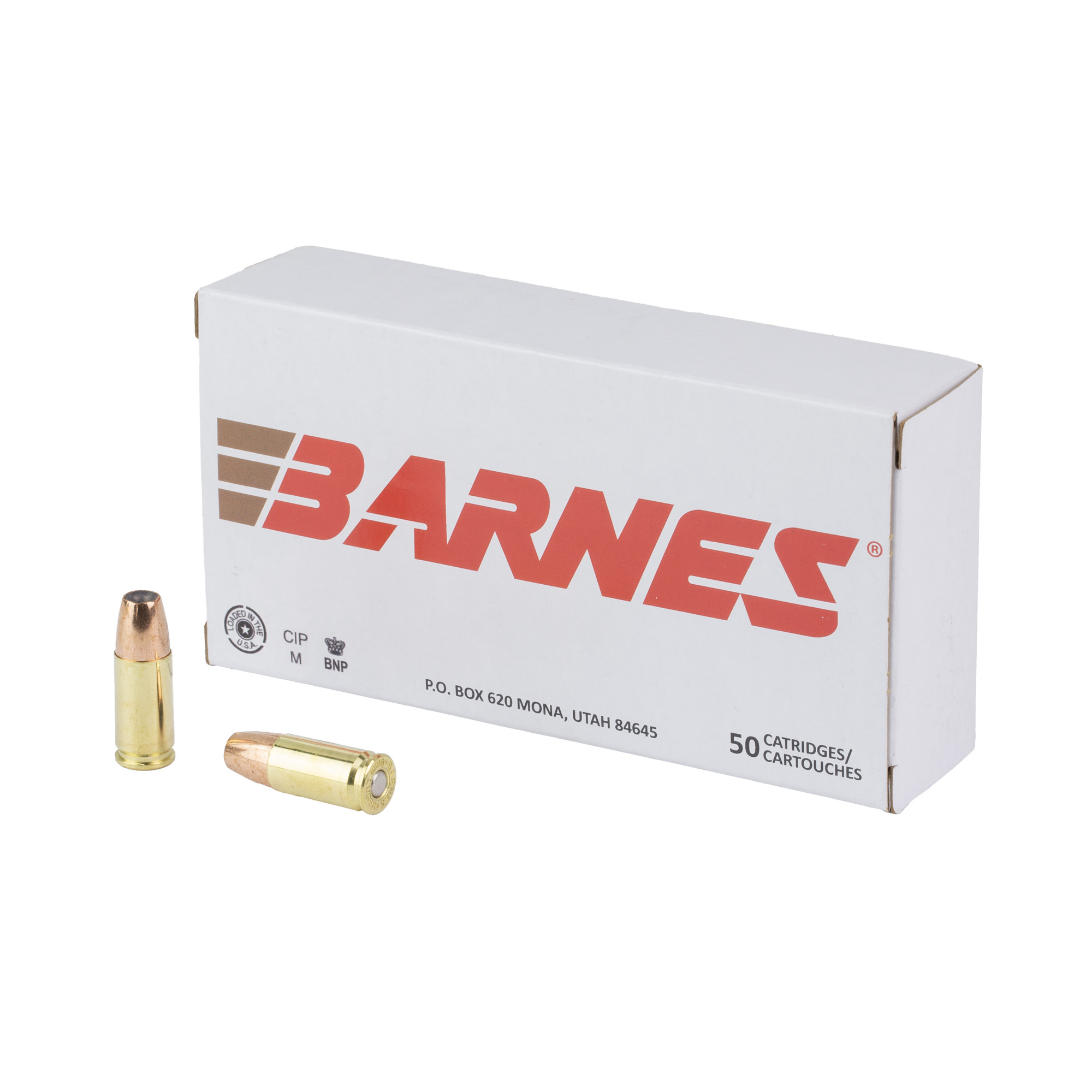 Barnes 9mm ammunition box with two cartridges standing beside it