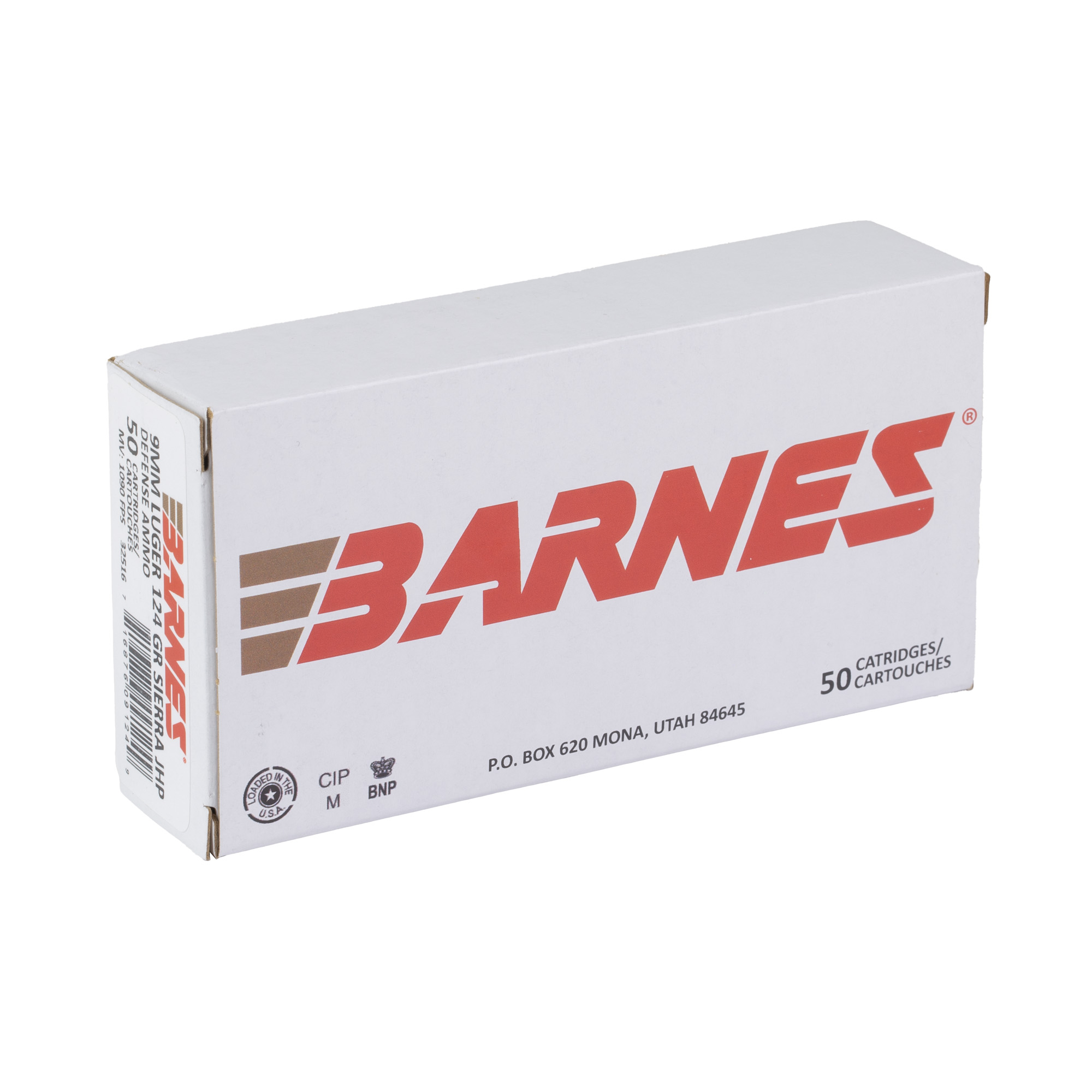 Barnes 50 count box of 9mm Luger 124 gr JHP ammo, angled side view