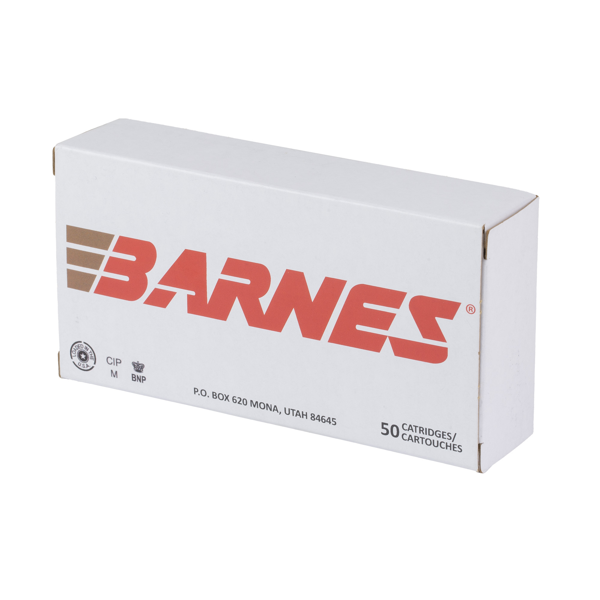 Barnes ammunition box in plain white packaging, end view