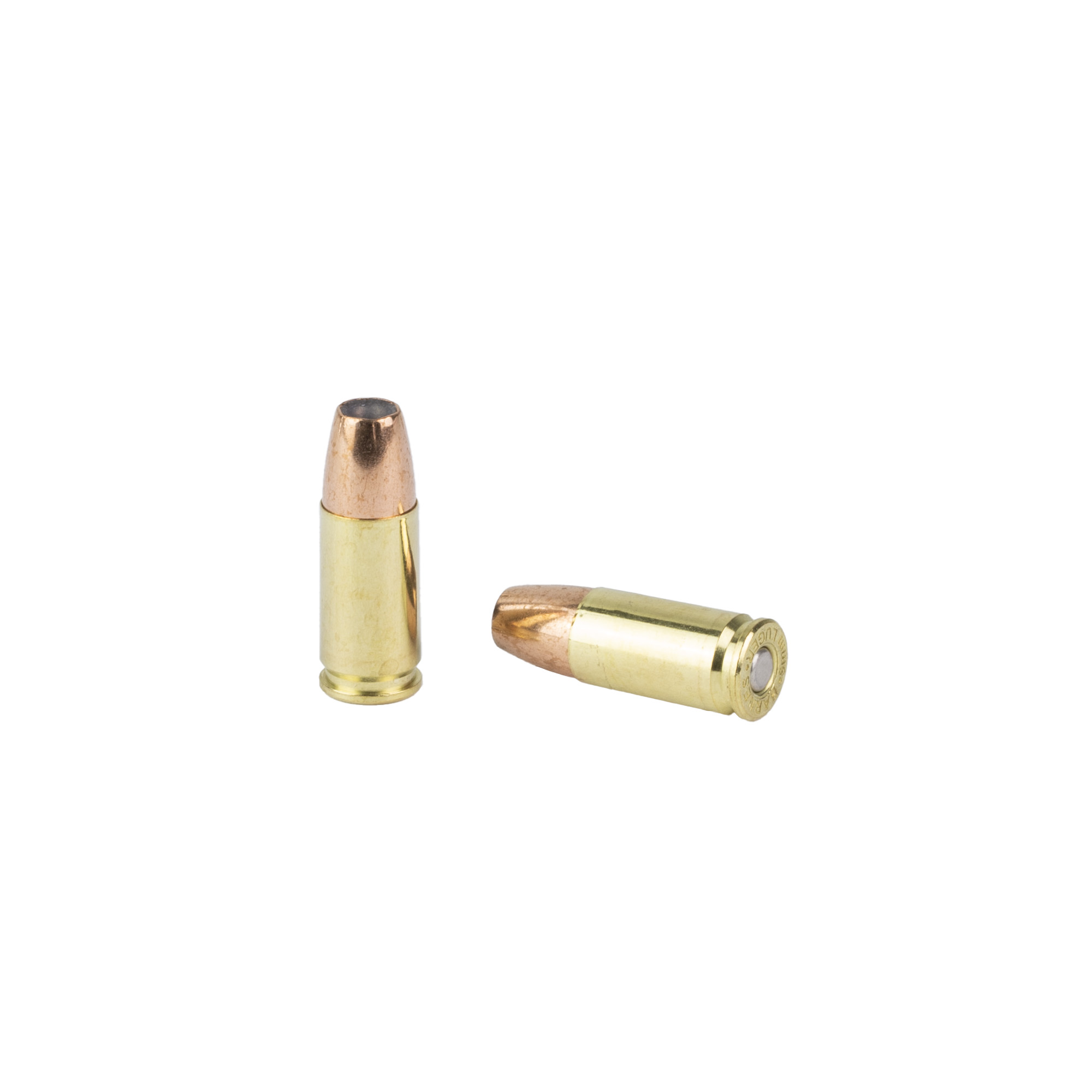Two Barnes 9mm cartridges with copper jacketed hollow point bullets