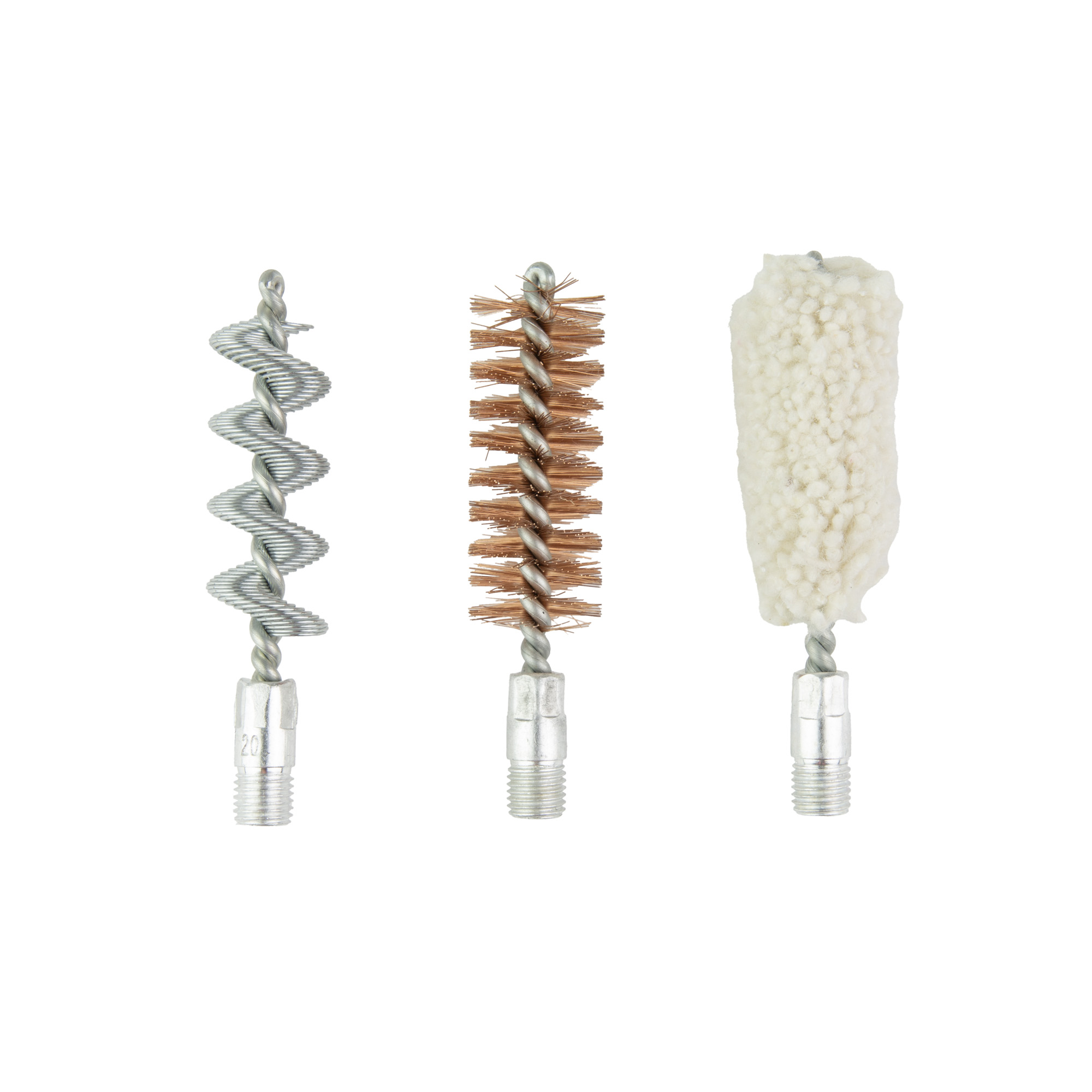 Three 20 gauge cleaning tips on white background: wire brush, bronze brush and cotton swab