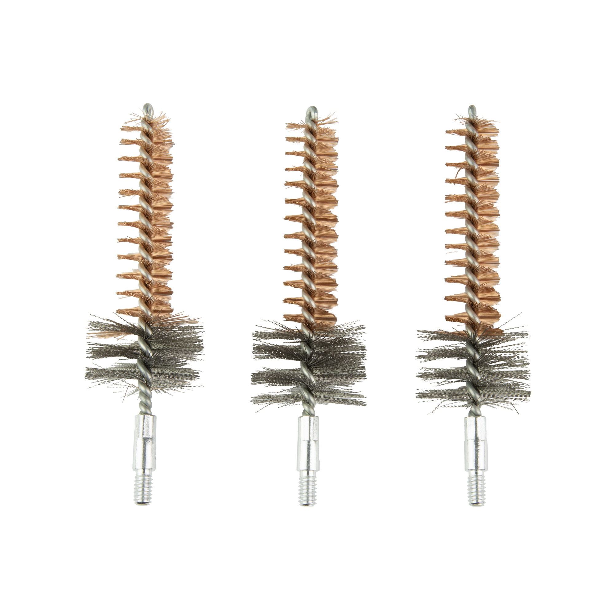 Three Birchwood Casey bore brushes with bronze and metal bristles on threaded shafts