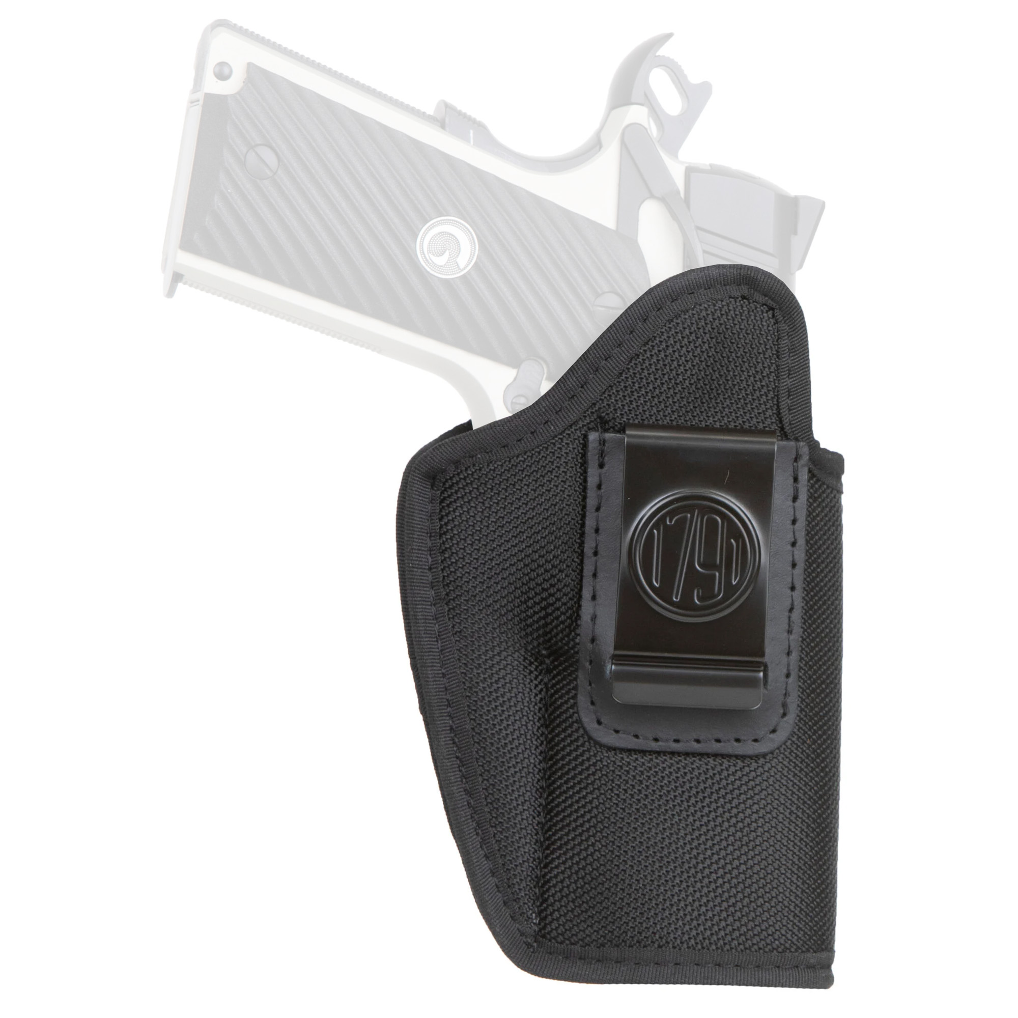 Black nylon inside waistband holster with belt clip, shown with a ghosted pistol outline