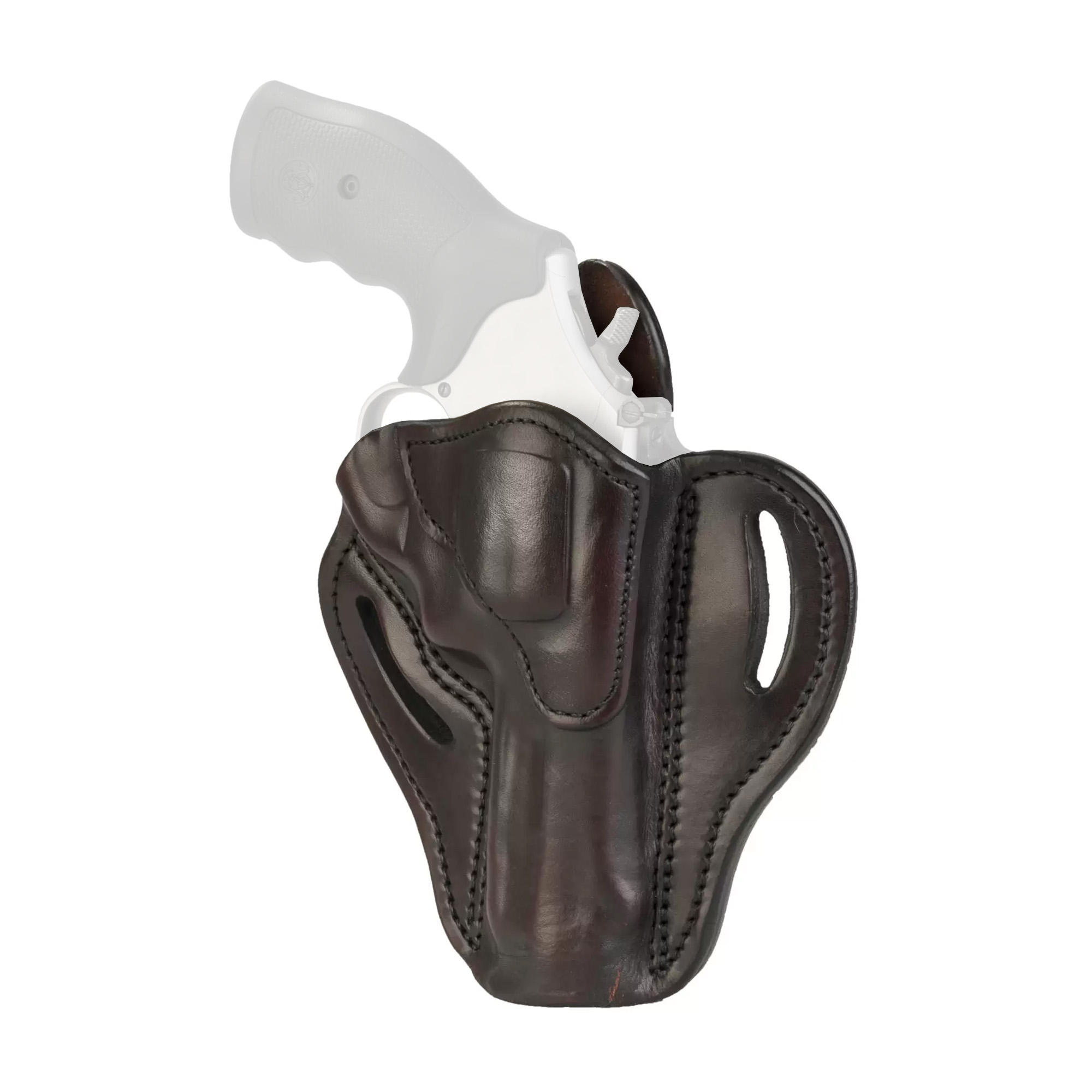 Brown leather OWB belt holster for a K-frame revolver, shown with the revolver outlined