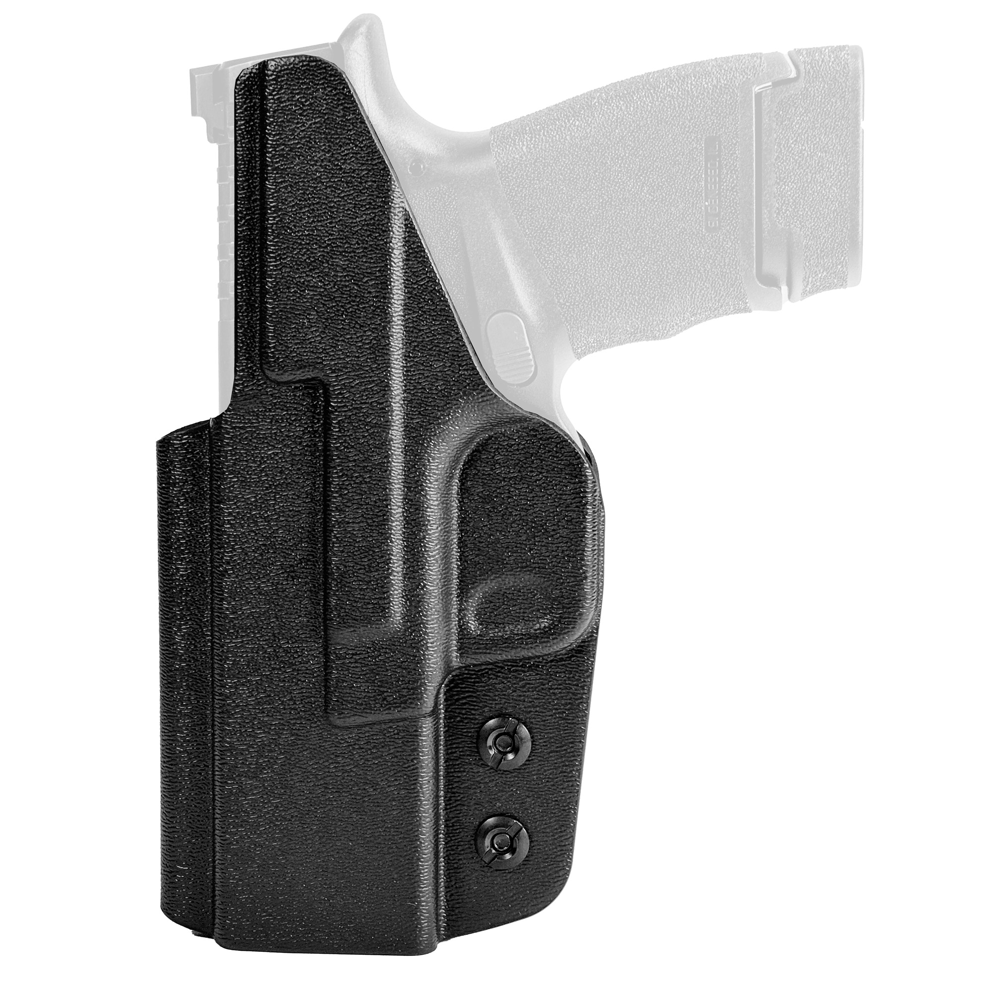 Black Kydex IWB holster shown with a Springfield Hellcat pistol outline behind it