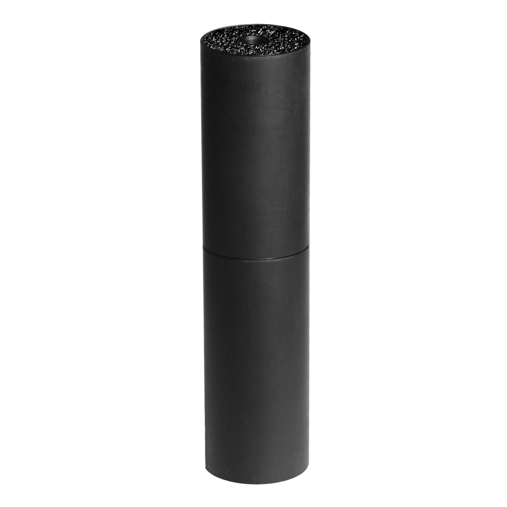 Matte black cylindrical Advantage Arms suppressor standing upright on a white background