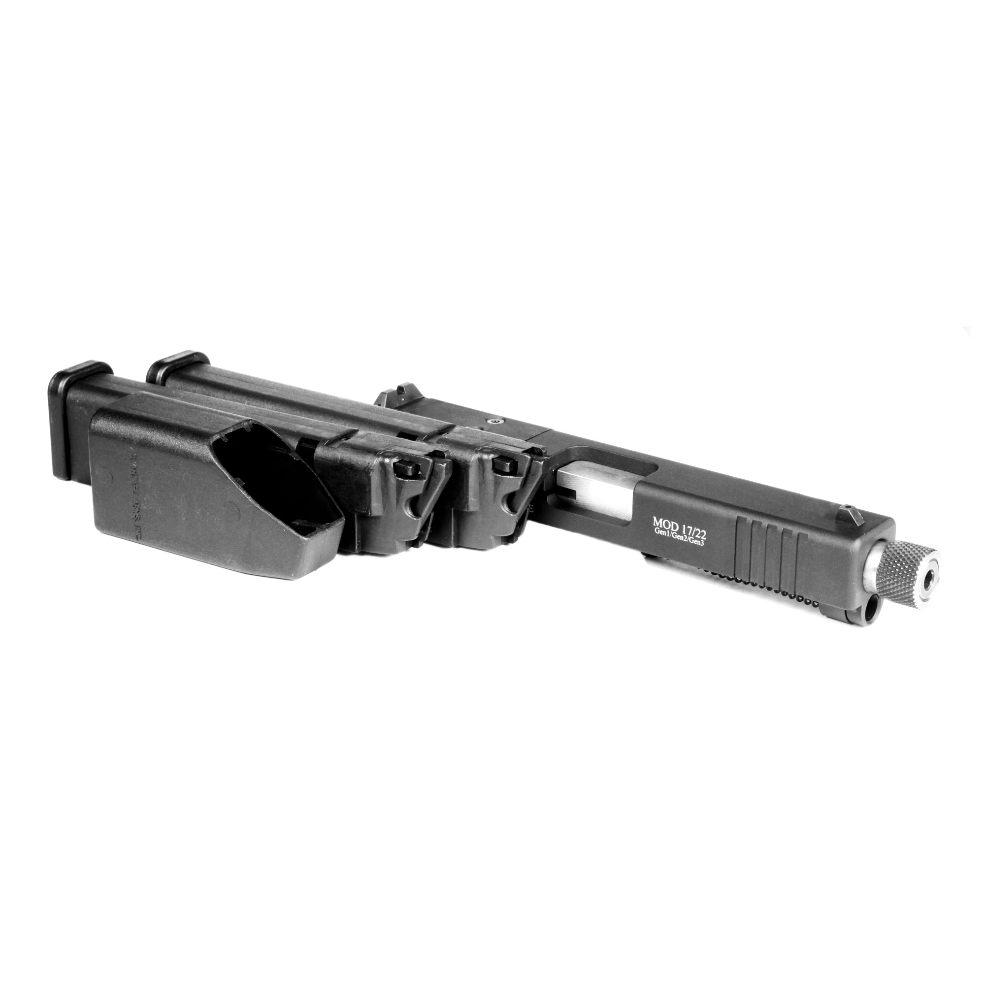 Advantage Arms 22 LR conversion slide with threaded barrel and two 15-round magazines, side angle