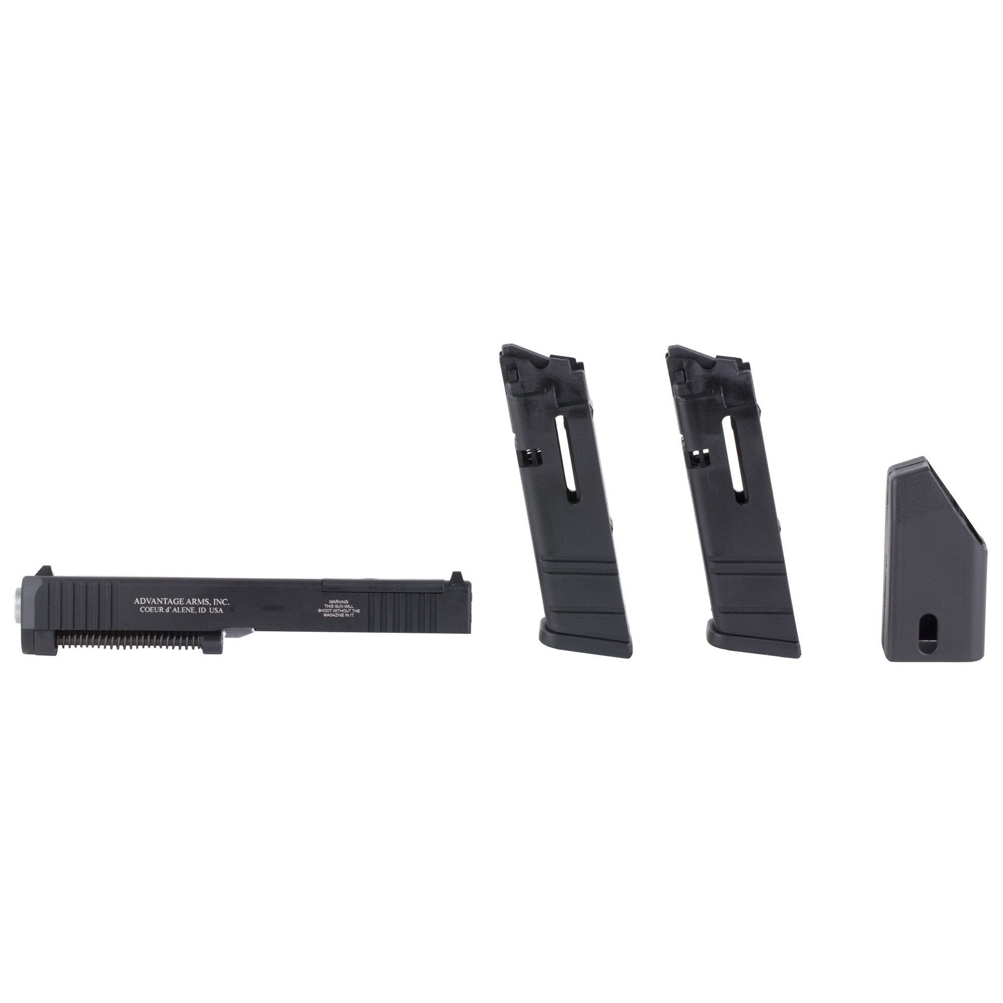 Black Advantage Arms .22 LR conversion slide with two 10-round magazines and a black block on white background