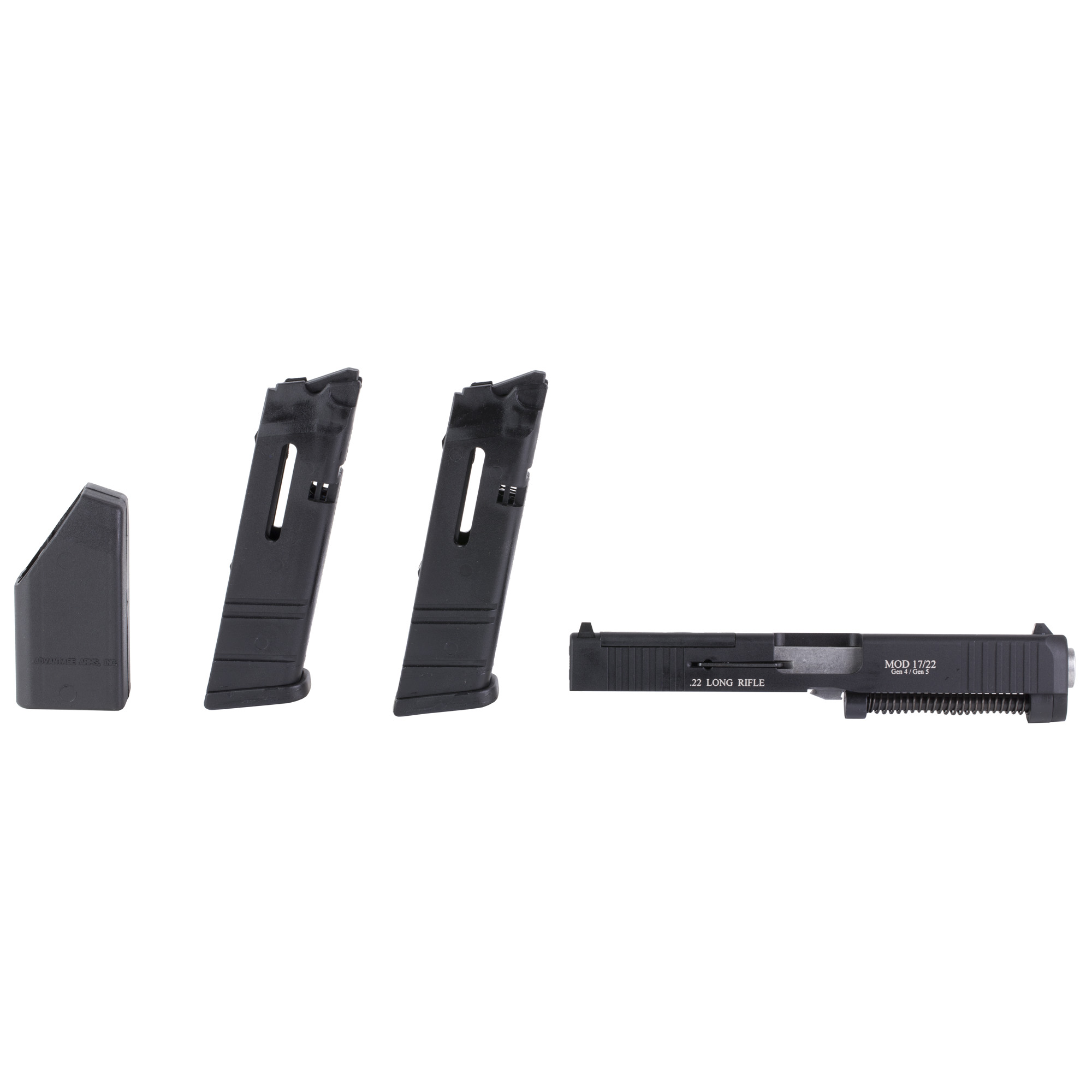 Black .22 LR conversion slide marked MOD 17/22 with two magazines and a black block on white background