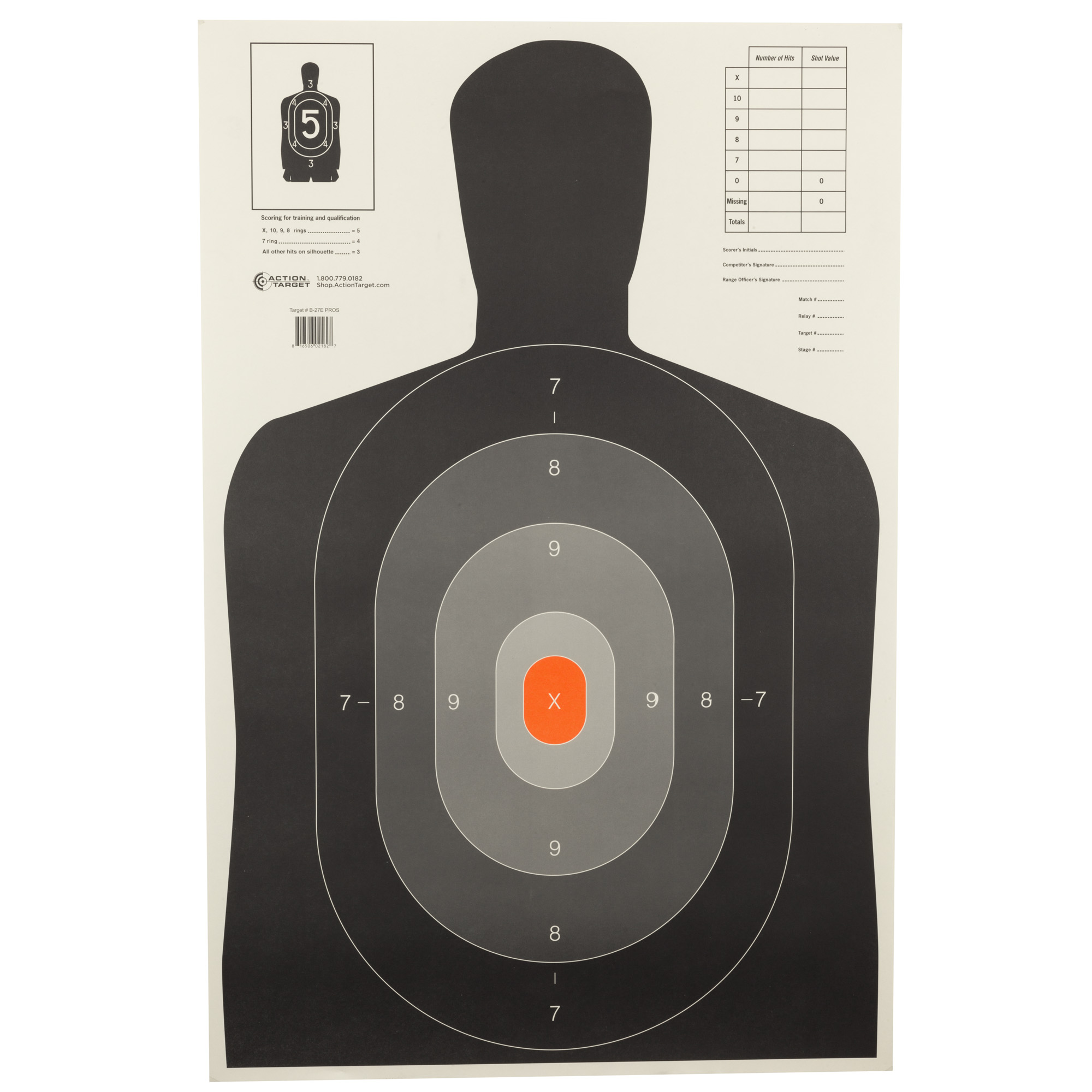 Action Target B-27E Pros silhouette target with shaded scoring rings and orange center