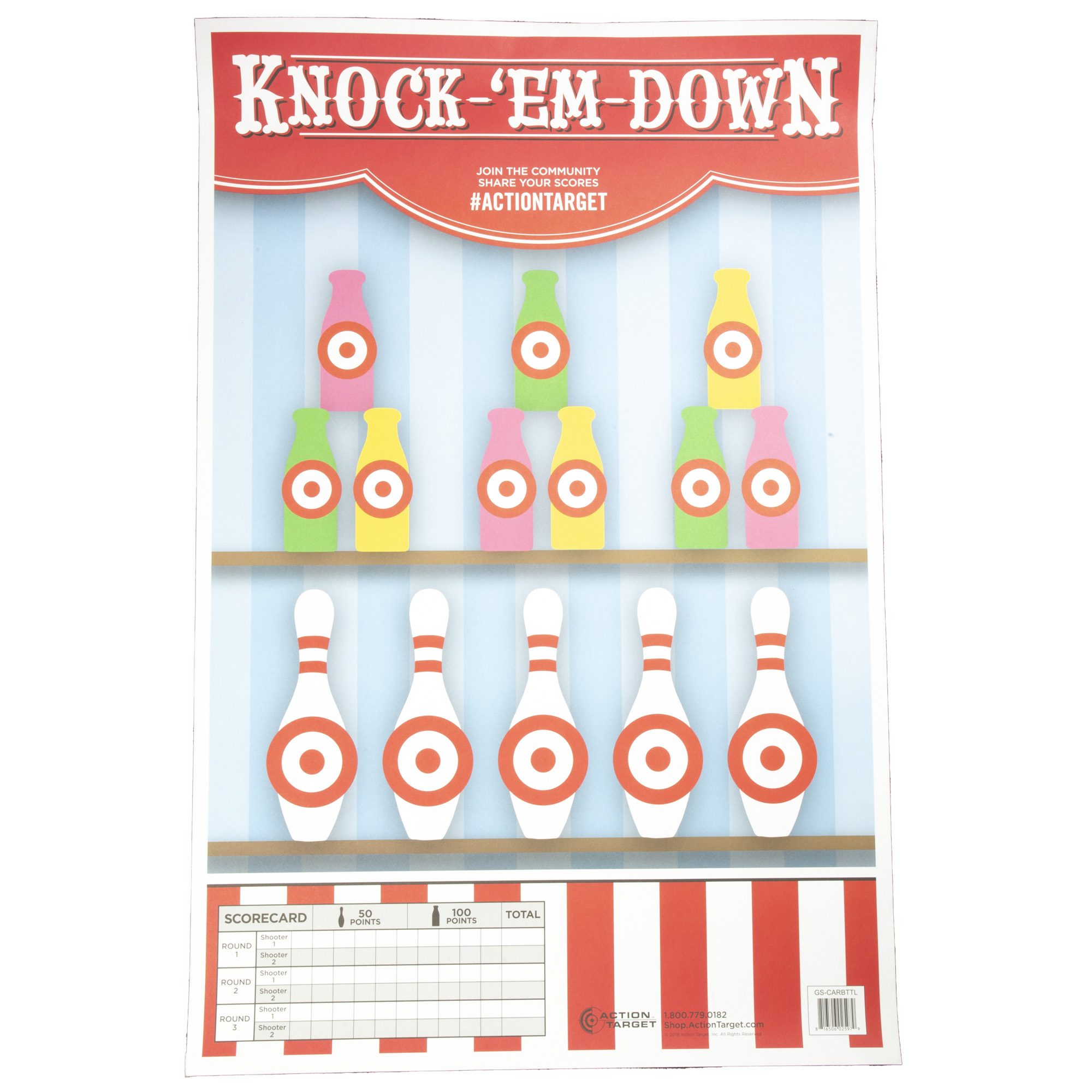 Action Target Knock-'Em-Down paper target with pink, green and yellow bottles and white bowling pins with bullseyes
