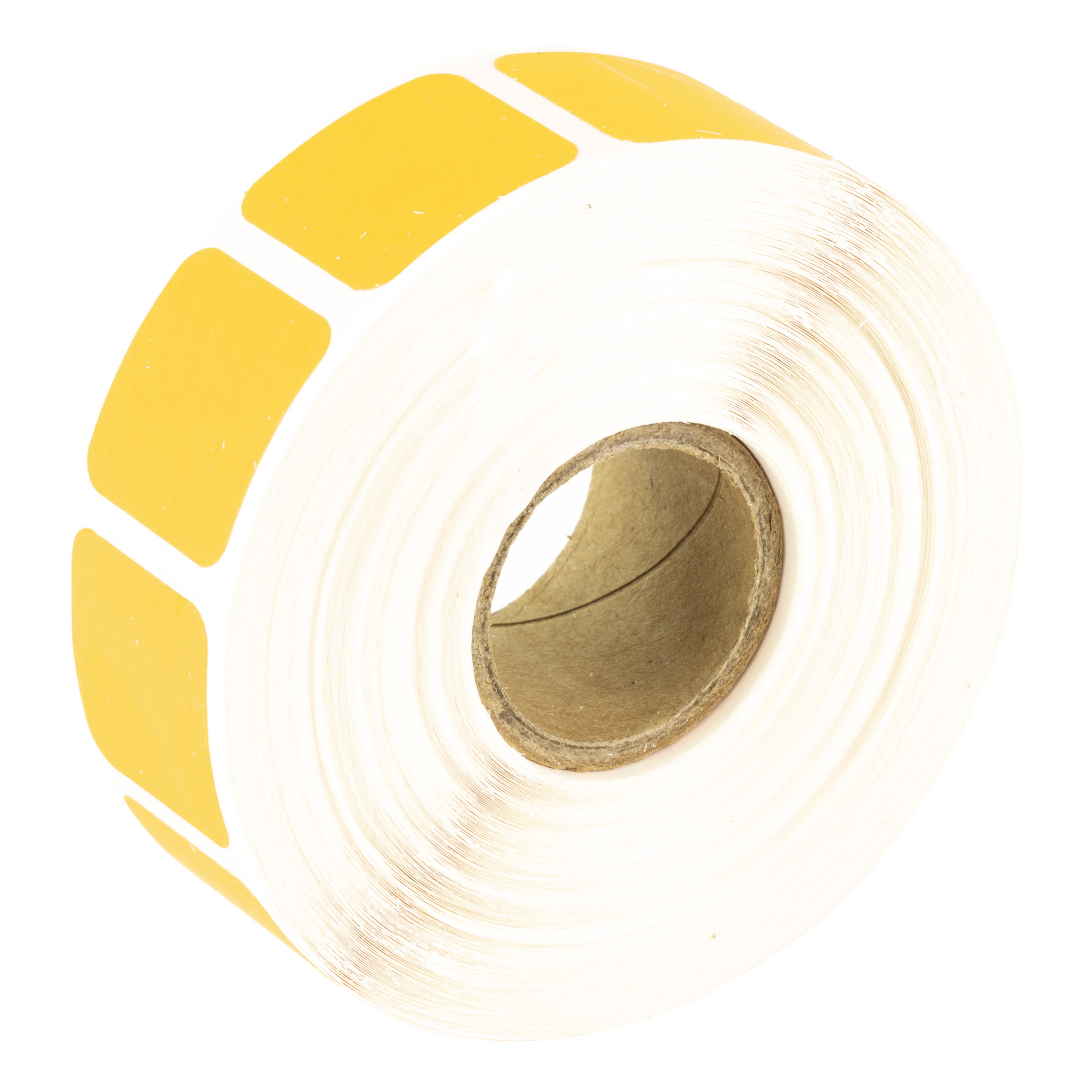 Orange square target pasters roll shown at an angle with cardboard core