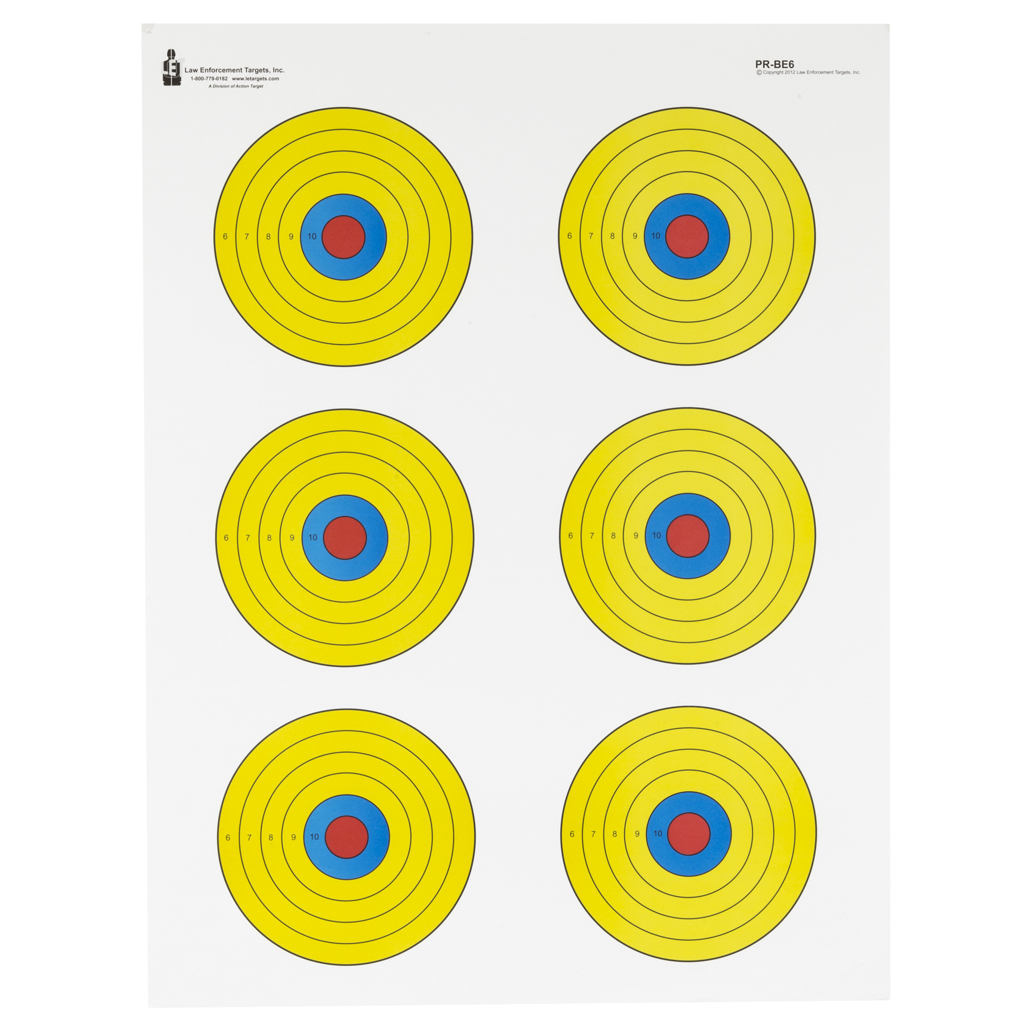 Action Target PR-BE6 sheet with six blue, red and yellow bullseye targets