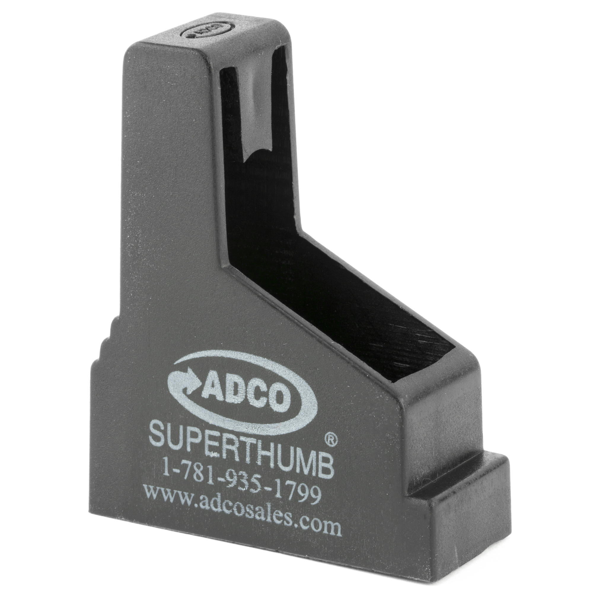Black ADCO Super Thumb magazine loader with ADCO logo and contact text on the side
