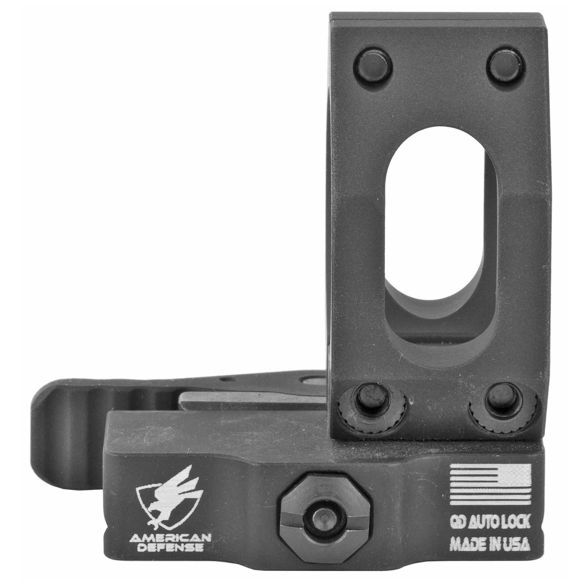 Side view of American Defense QD mount showing ring clamp and quick detach lever