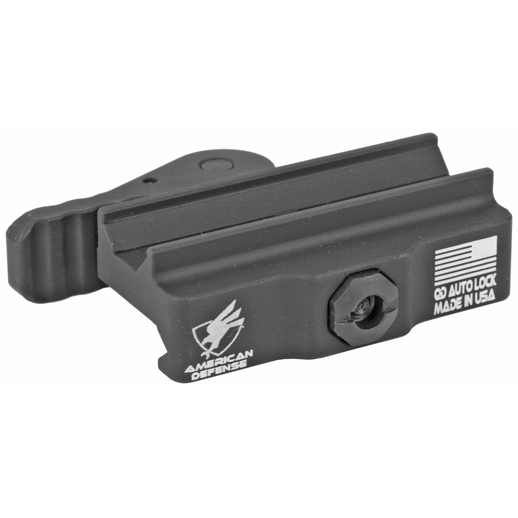 American Defense AD-B2 black QD base with lever, angled view showing logo and Made in USA marking