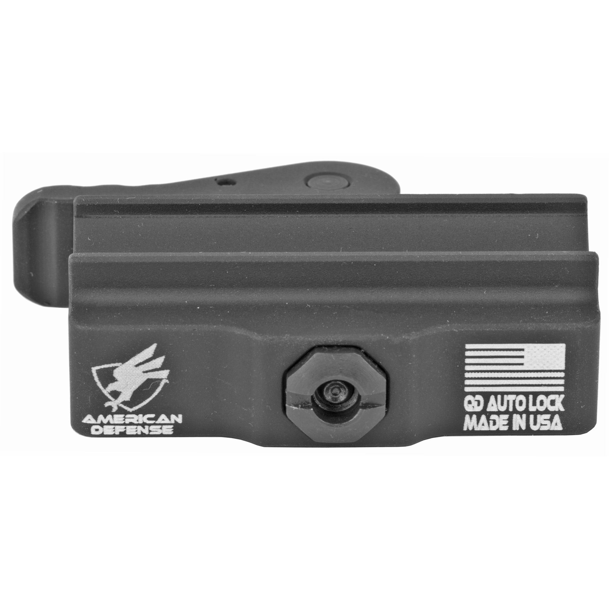 American Defense AD-B2 black QD base, front view showing locking lever and QD Auto Lock marking