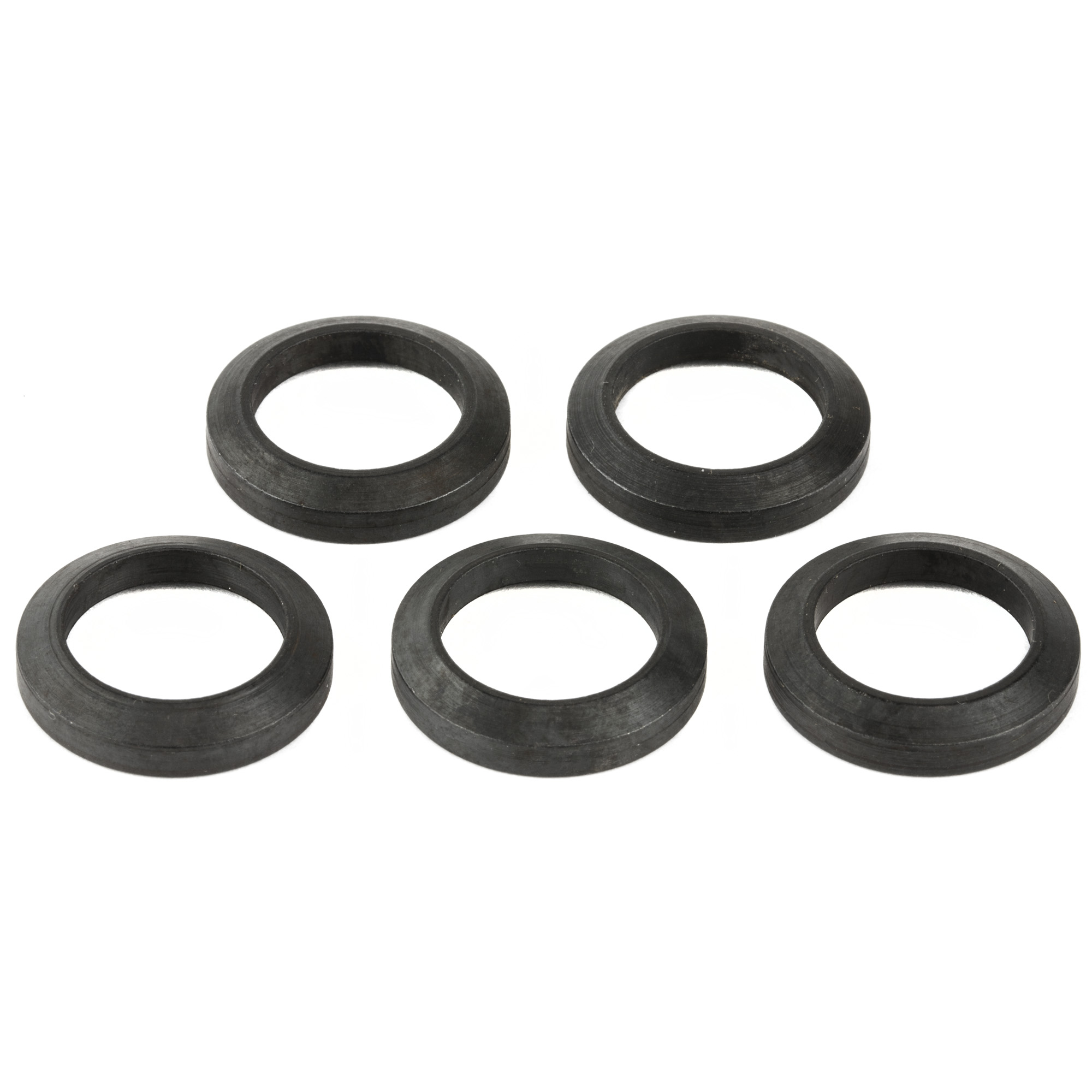 Five black steel crush washers arranged in a row on a white background