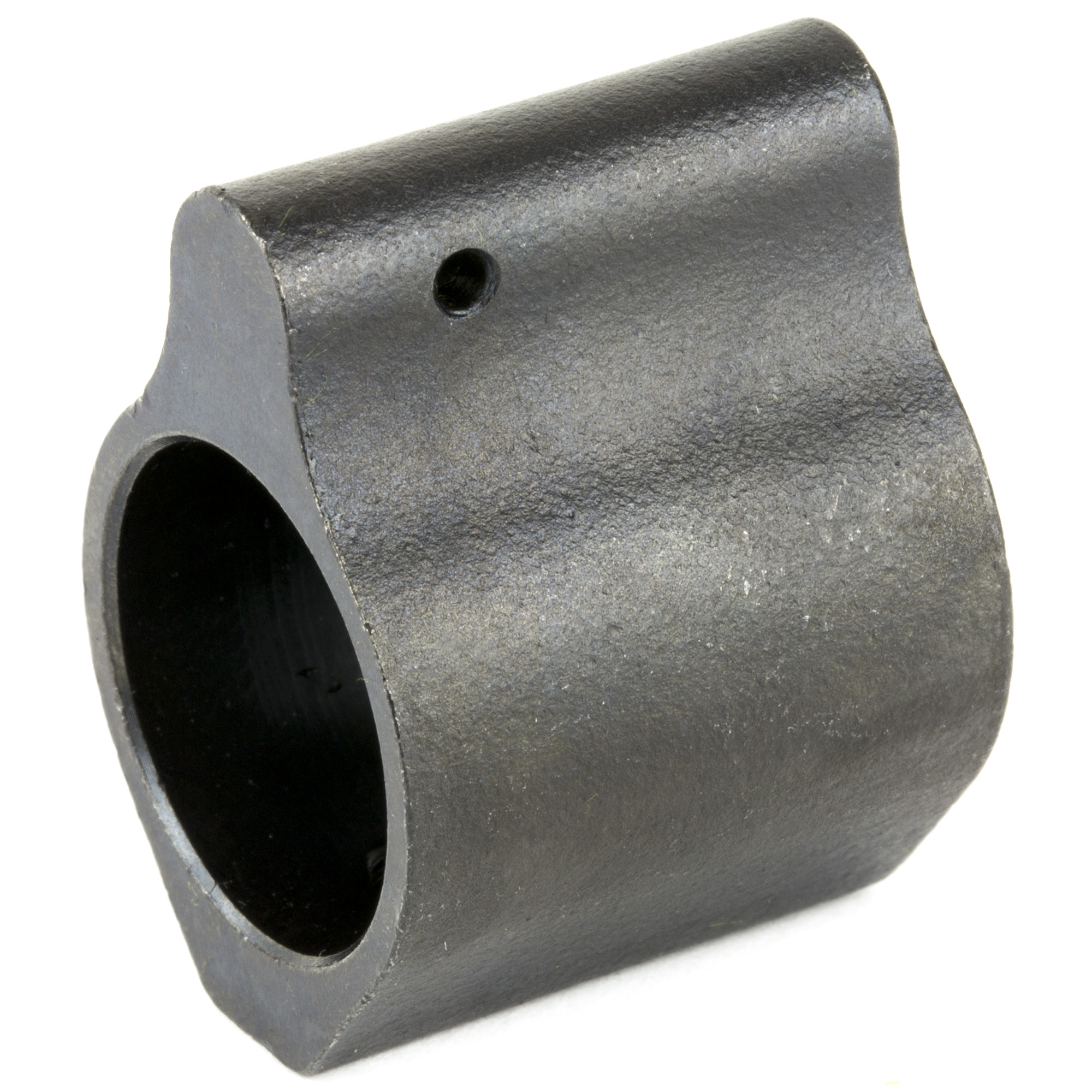 Black low profile steel gas block for AR-15 viewed from the front with a top set screw hole