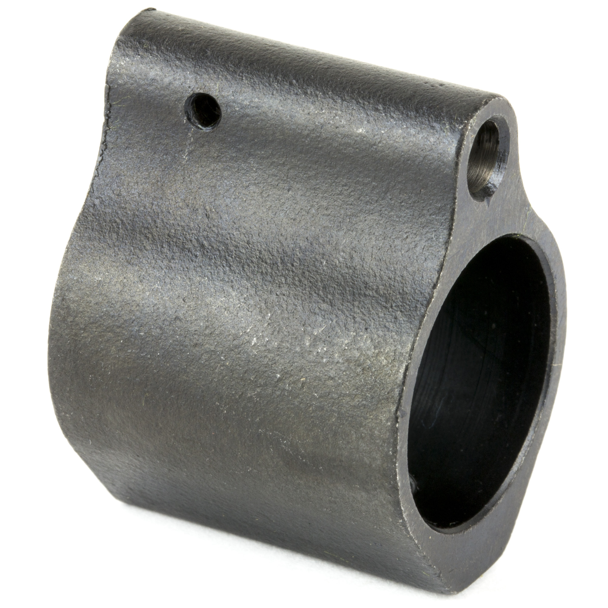 Black low profile steel gas block for AR-15 viewed from the rear with a side screw hole