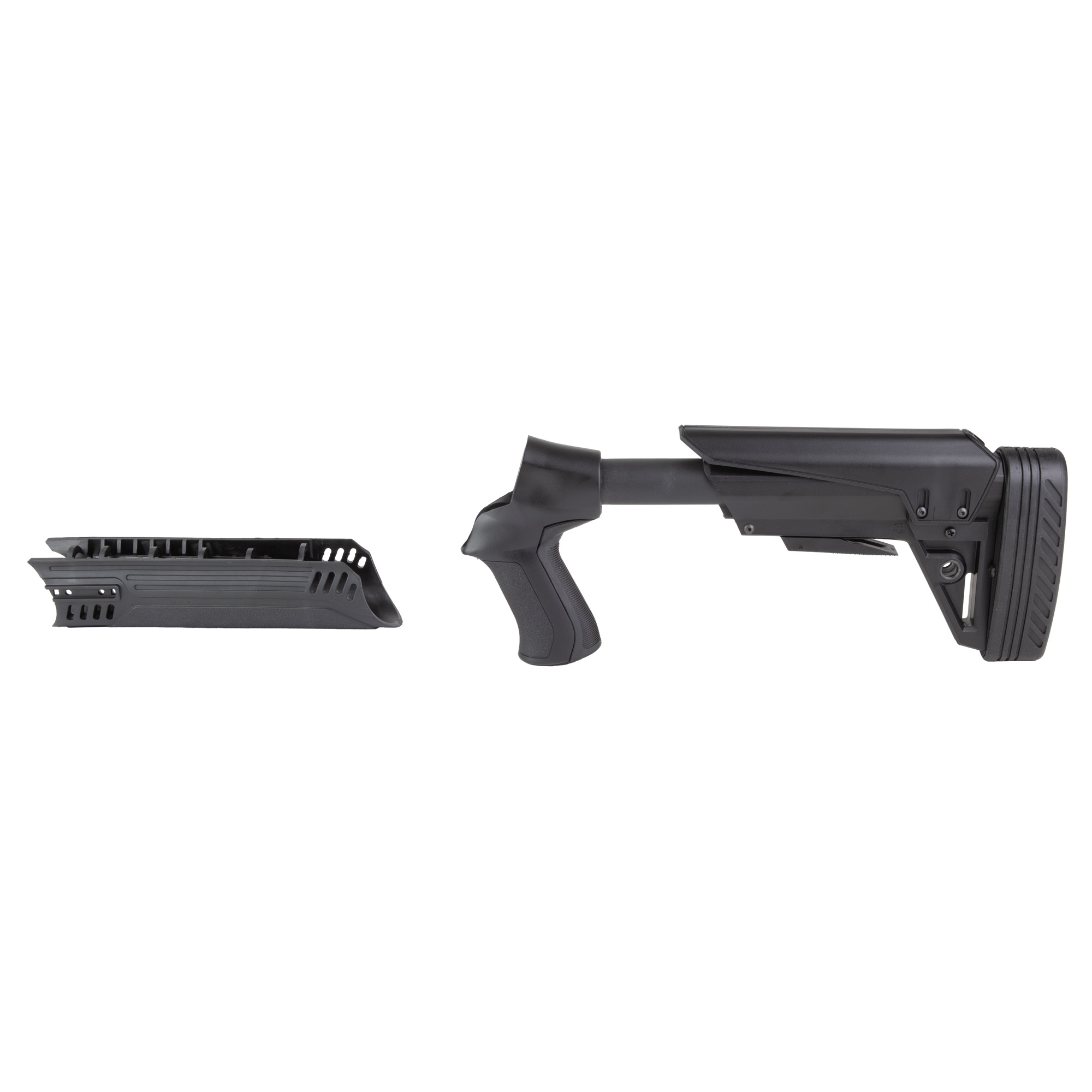 ATI T3 stock and forend kit in black polymer, shown side by side on white background