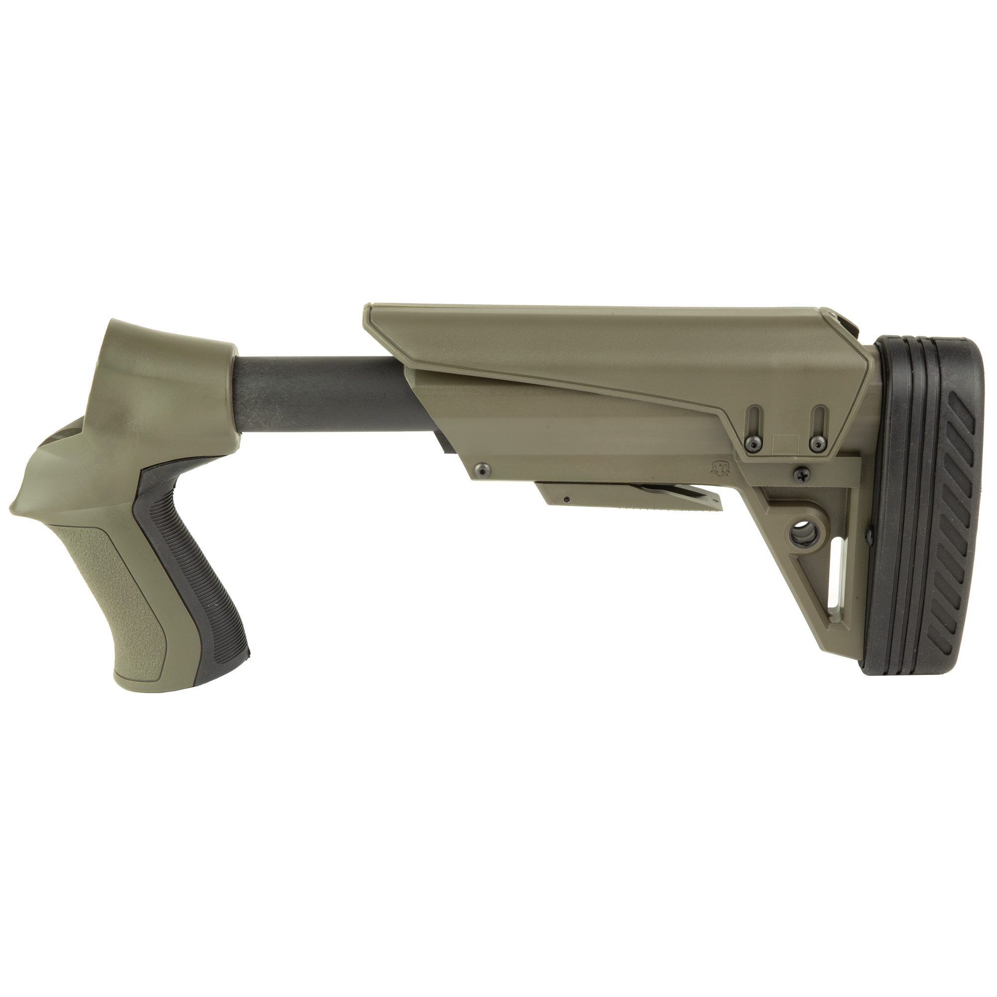 ATI T3 Gen2 shotgun stock in gray-green with pistol grip, left side view