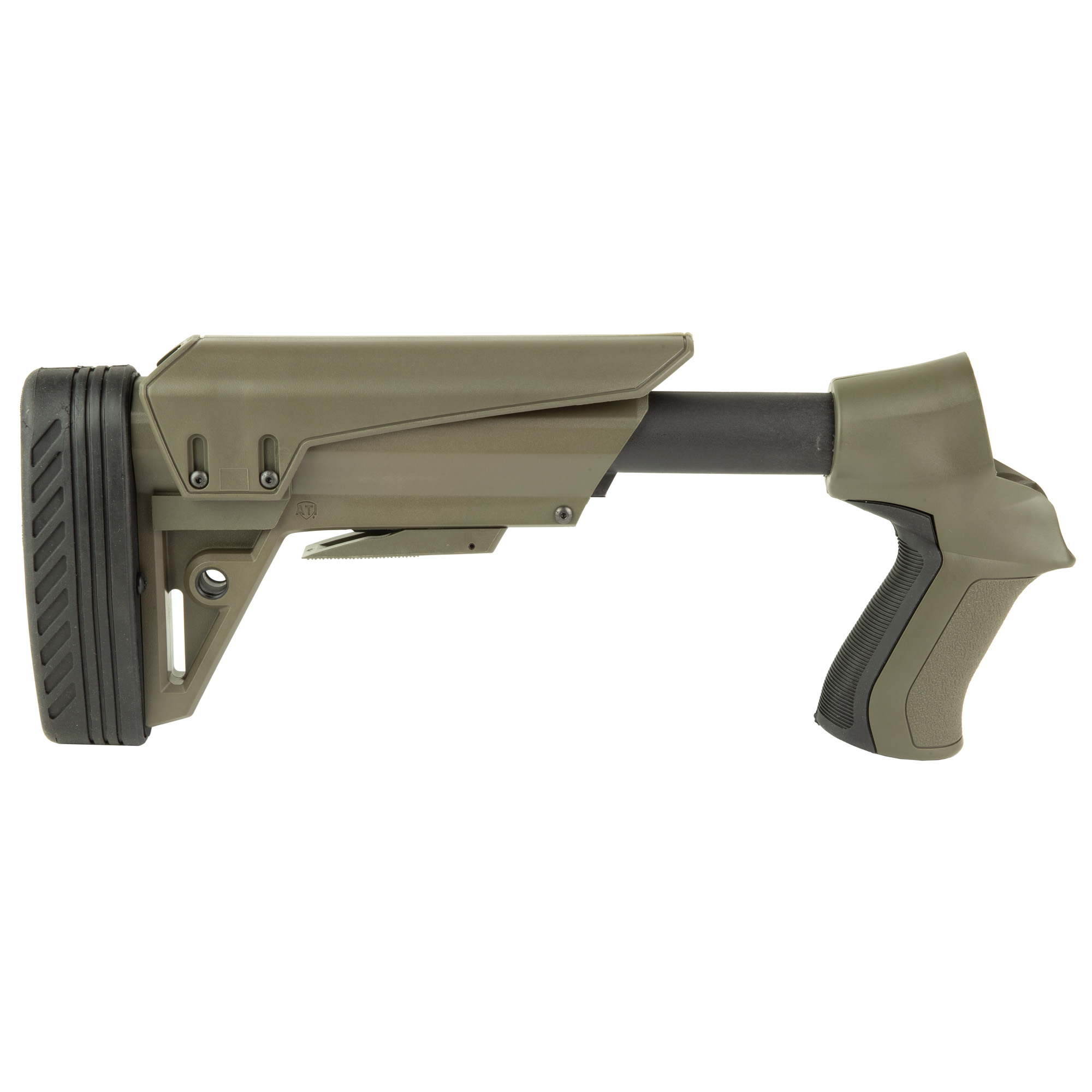ATI T3 Gen2 shotgun stock in gray-green with pistol grip, right side view