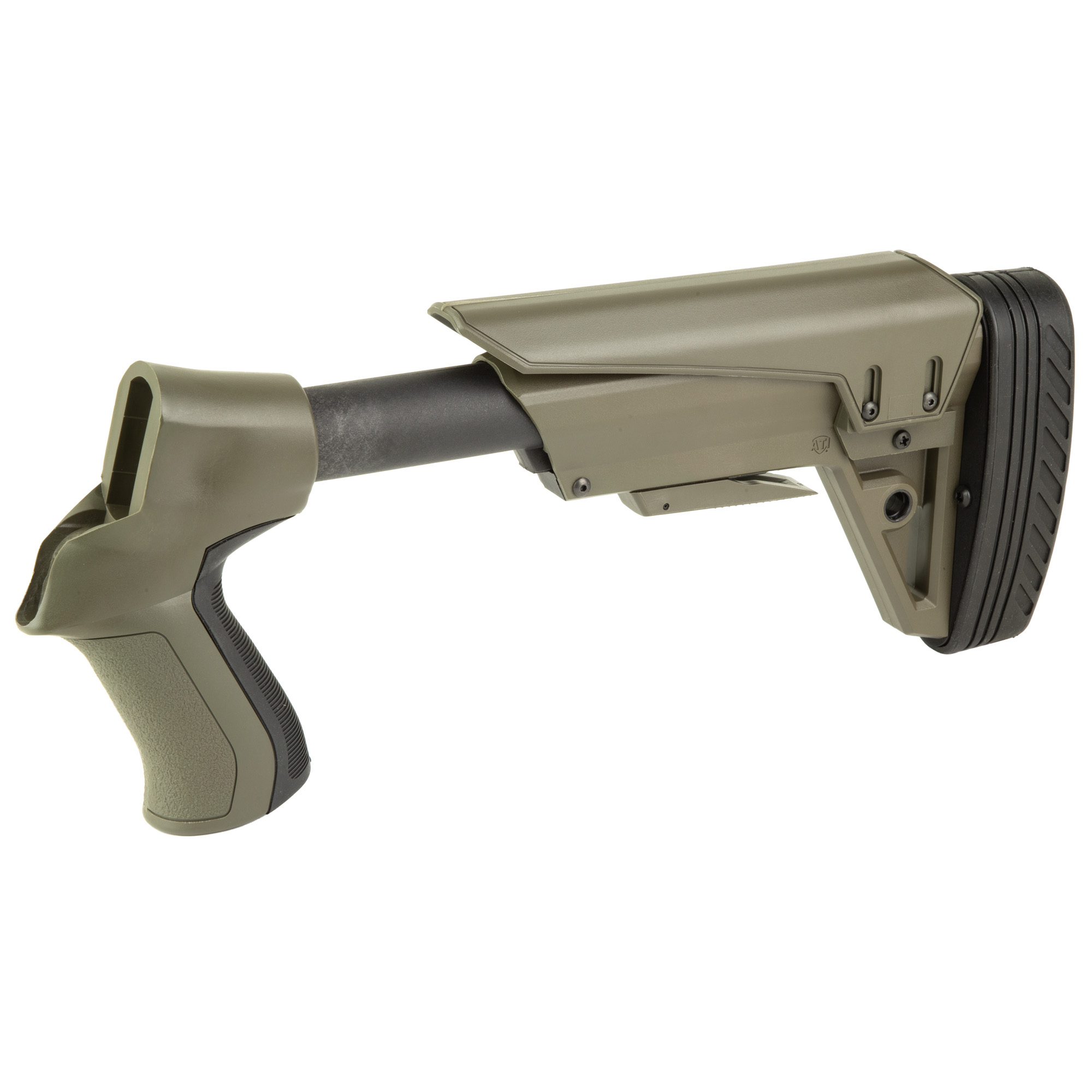 ATI T3 Gen2 shotgun stock in gray-green, angled view