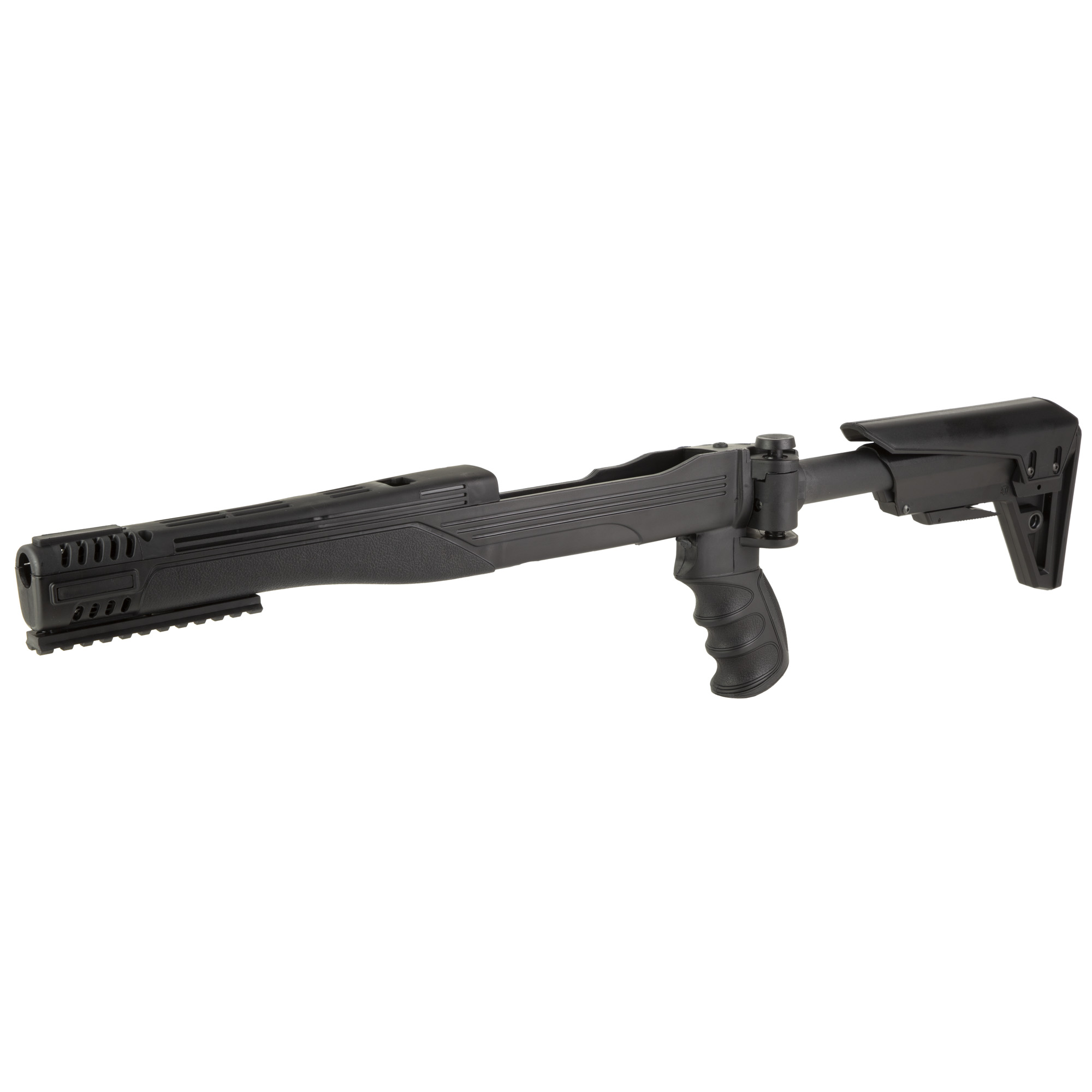 Black ATI TactLite stock for Ruger 10/22, angled view showing pistol grip and six-position buttstock