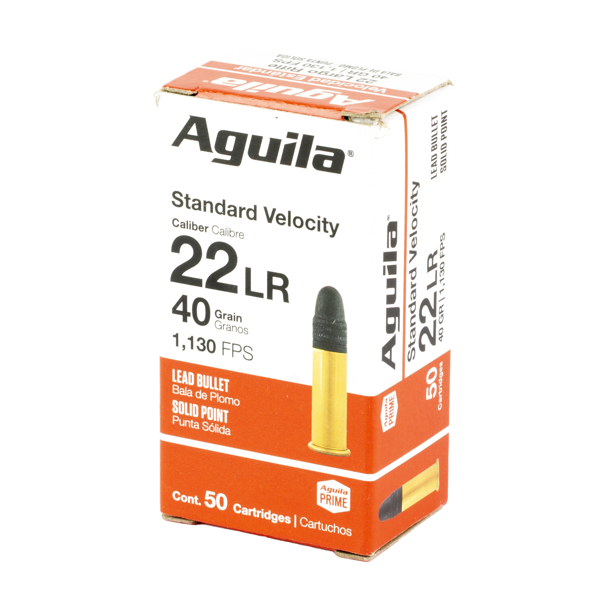 Aguila Standard Velocity 22 LR 50 round box, front three-quarter view