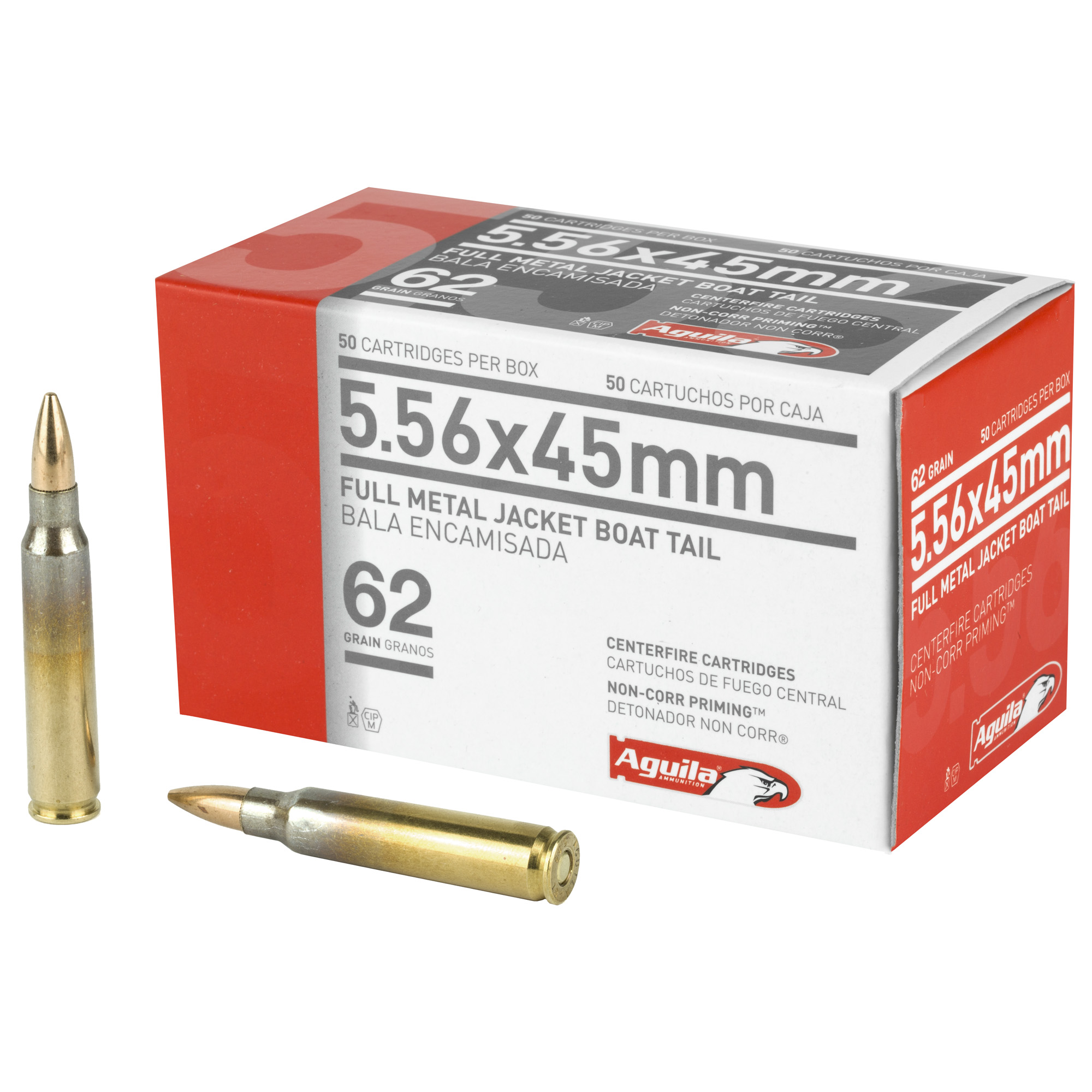 Aguila 5.56 NATO 62 grain FMJ boat tail ammunition box with cartridges in front