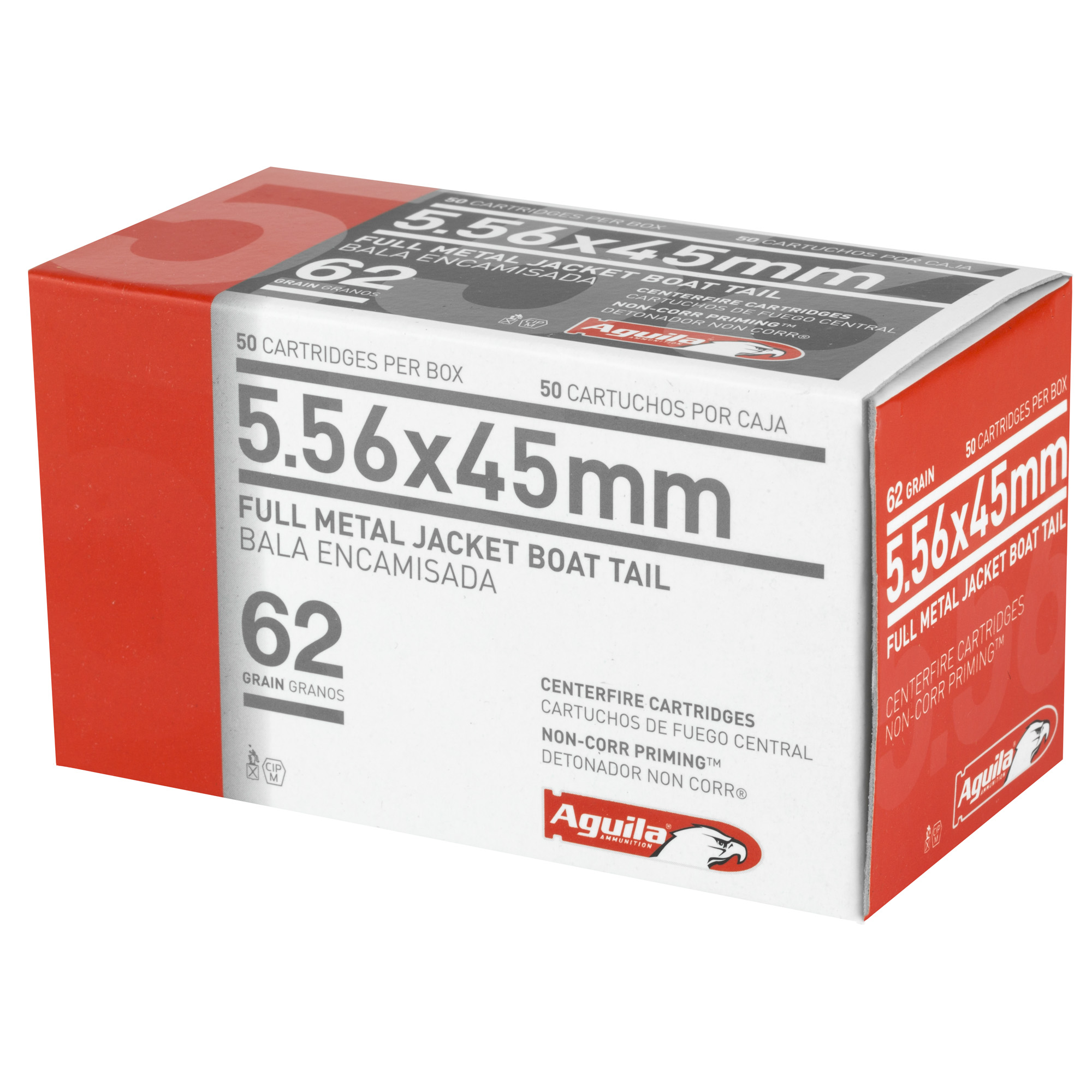 Angled view of Aguila 5.56x45mm 62 grain FMJ boat tail 50-round ammunition box