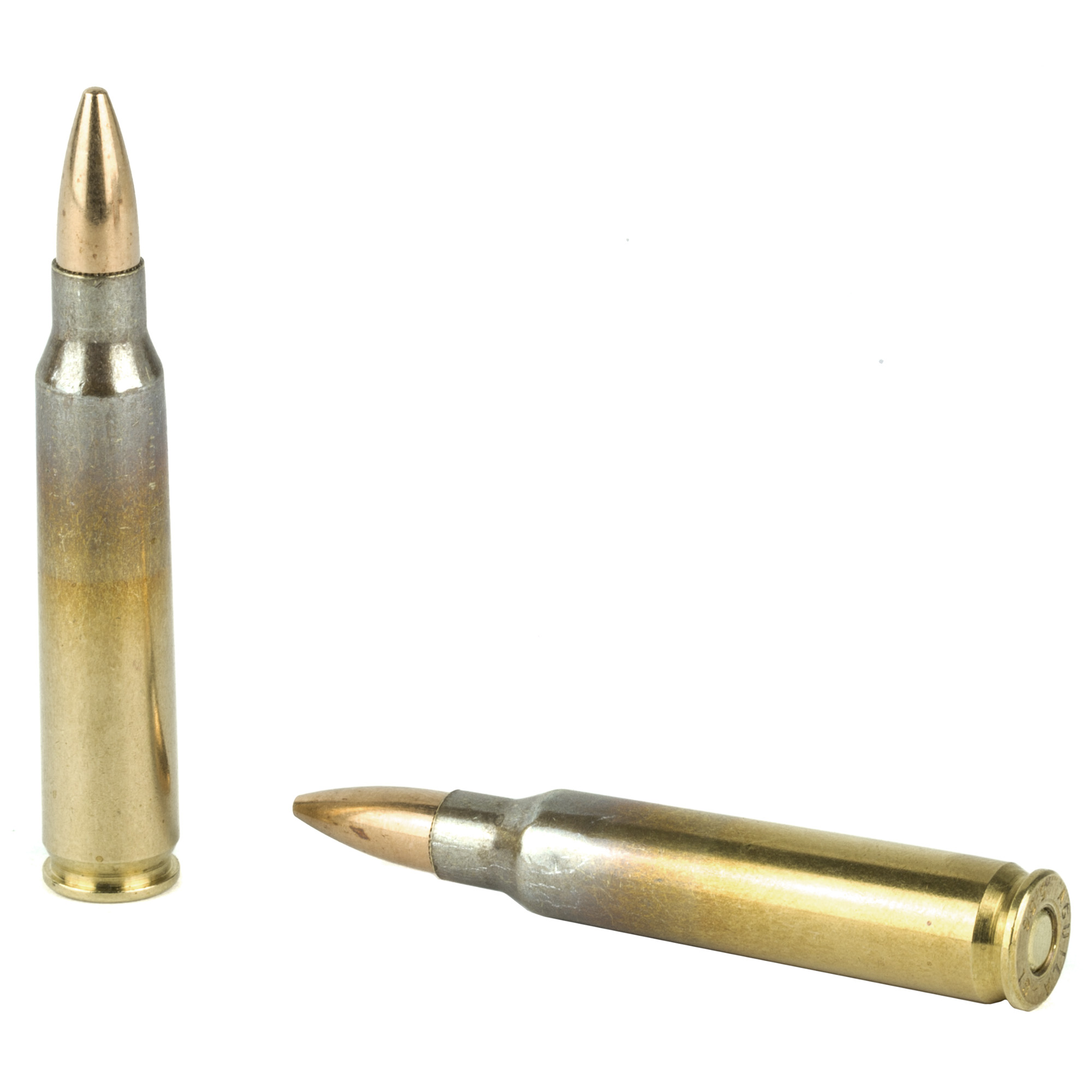 Two loose Aguila 5.56 NATO boat tail cartridges with brass cases and copper bullets
