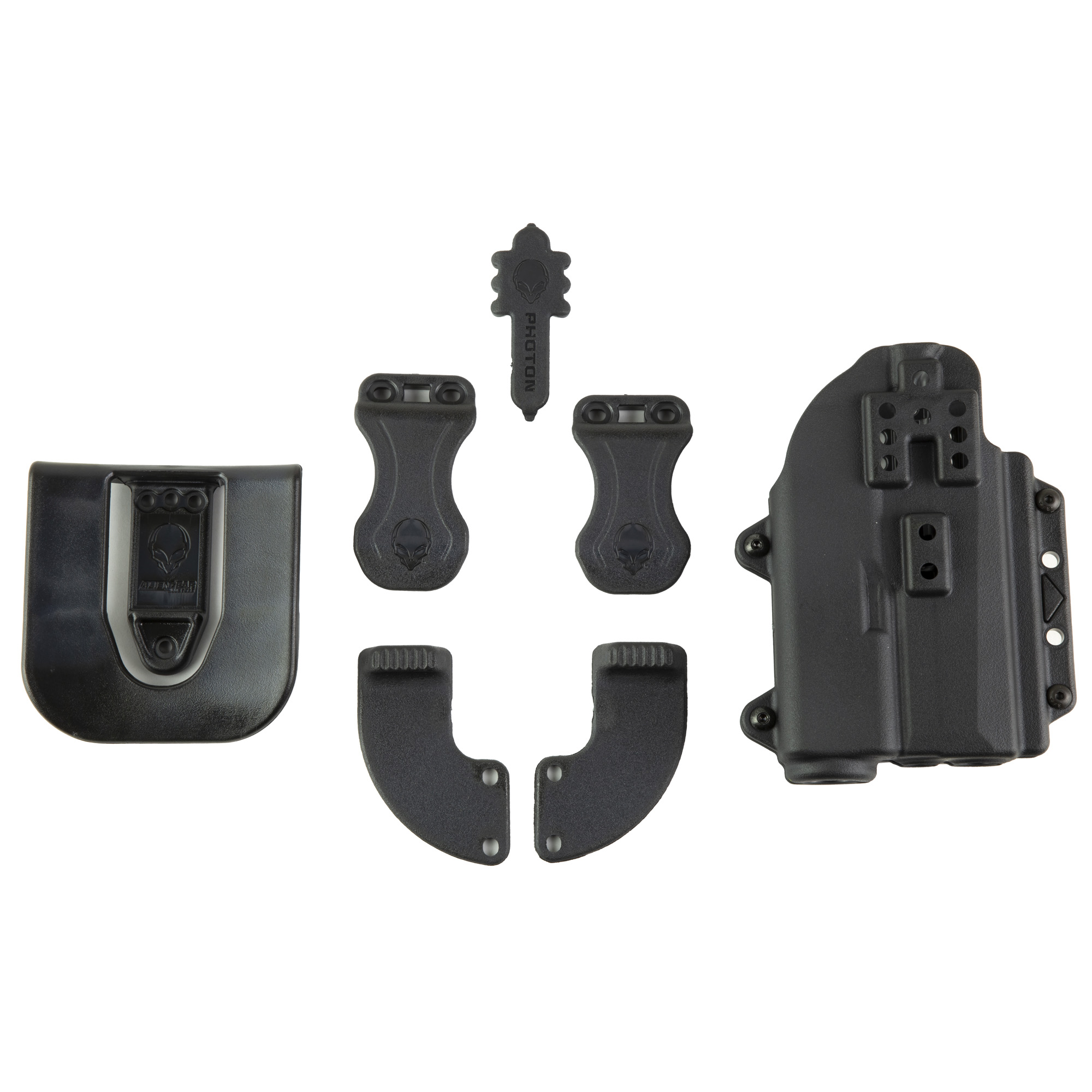 Alien Gear Photon holster set with black polymer shell, appendix wing, mag carrier clips and mounting hardware