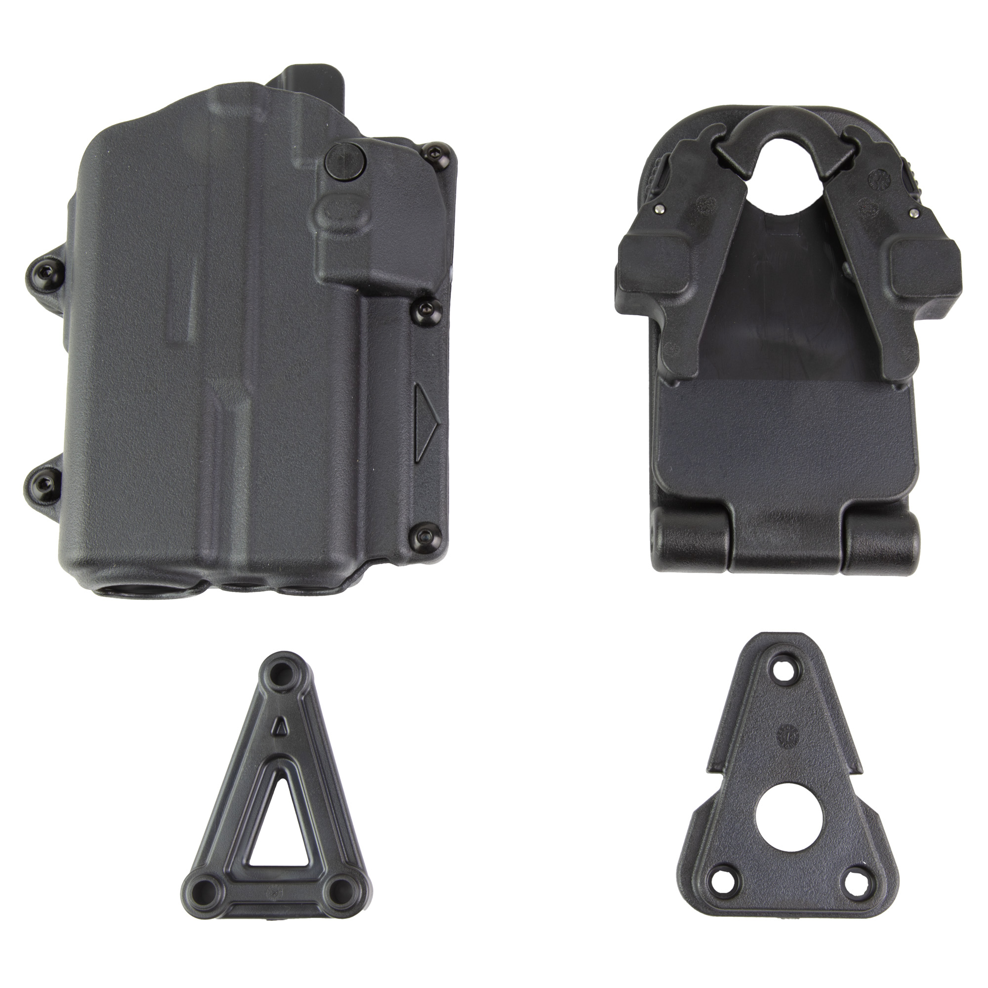 Black polymer Rapid Force Level 2 holster with retention lever, shown with two mounting plates