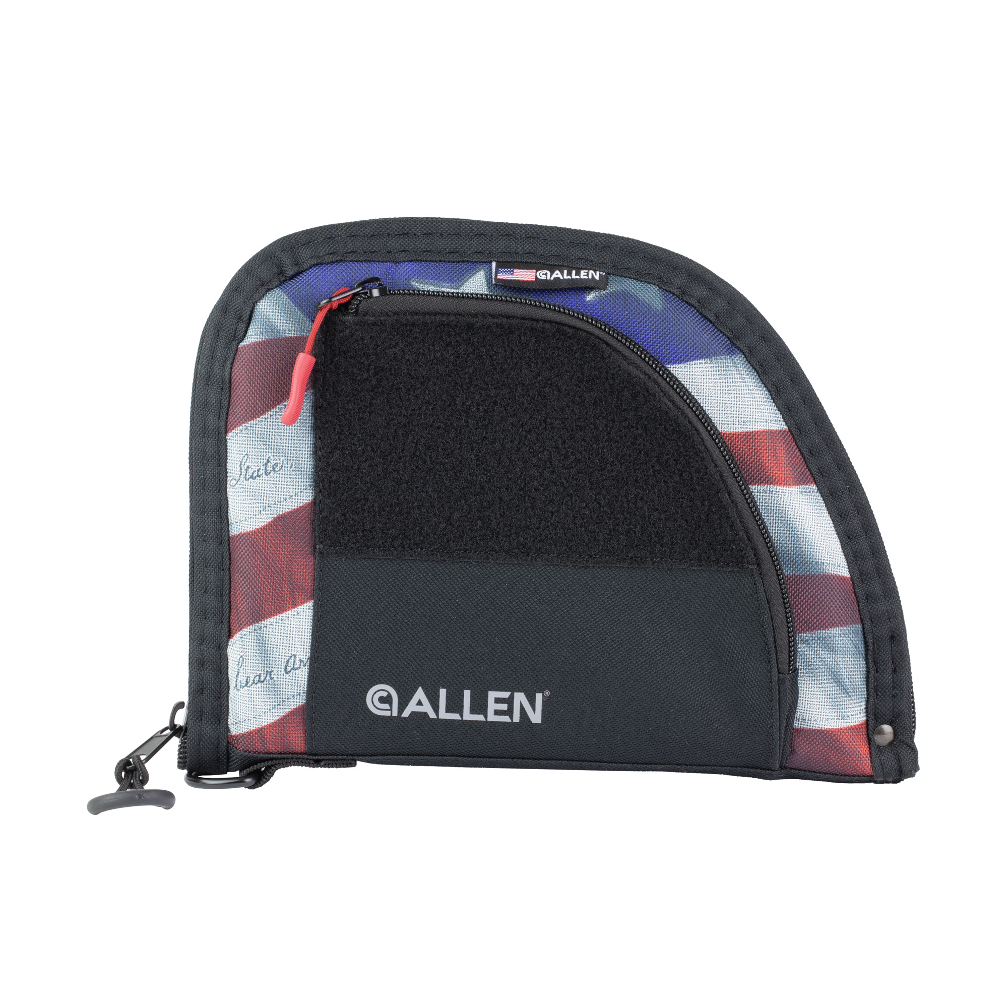 Allen Victory pistol case with American flag print, black front panel and hook-and-loop patch