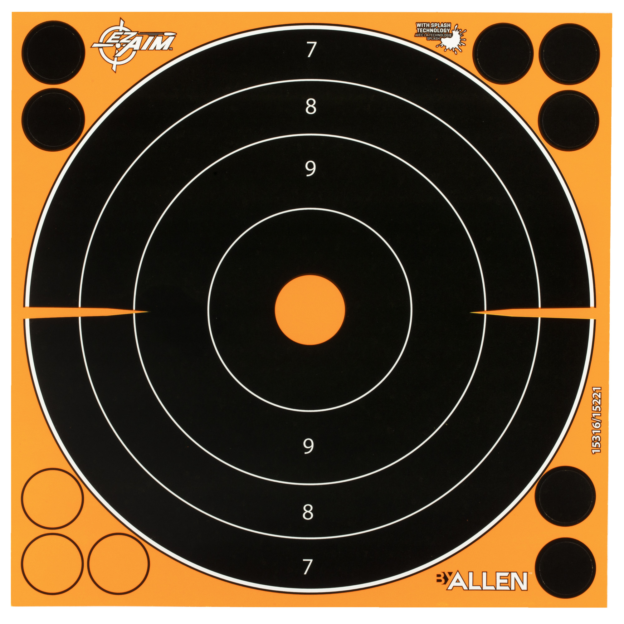 Allen EZ Aim 8x8 bullseye target with orange face and black rings, splash reactive