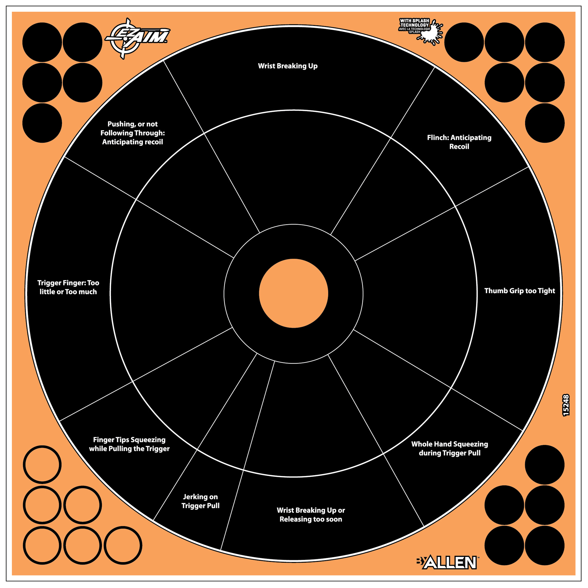Allen EZ AIM 12x12 handgun trainer target with orange bullseye and shooting fault labels